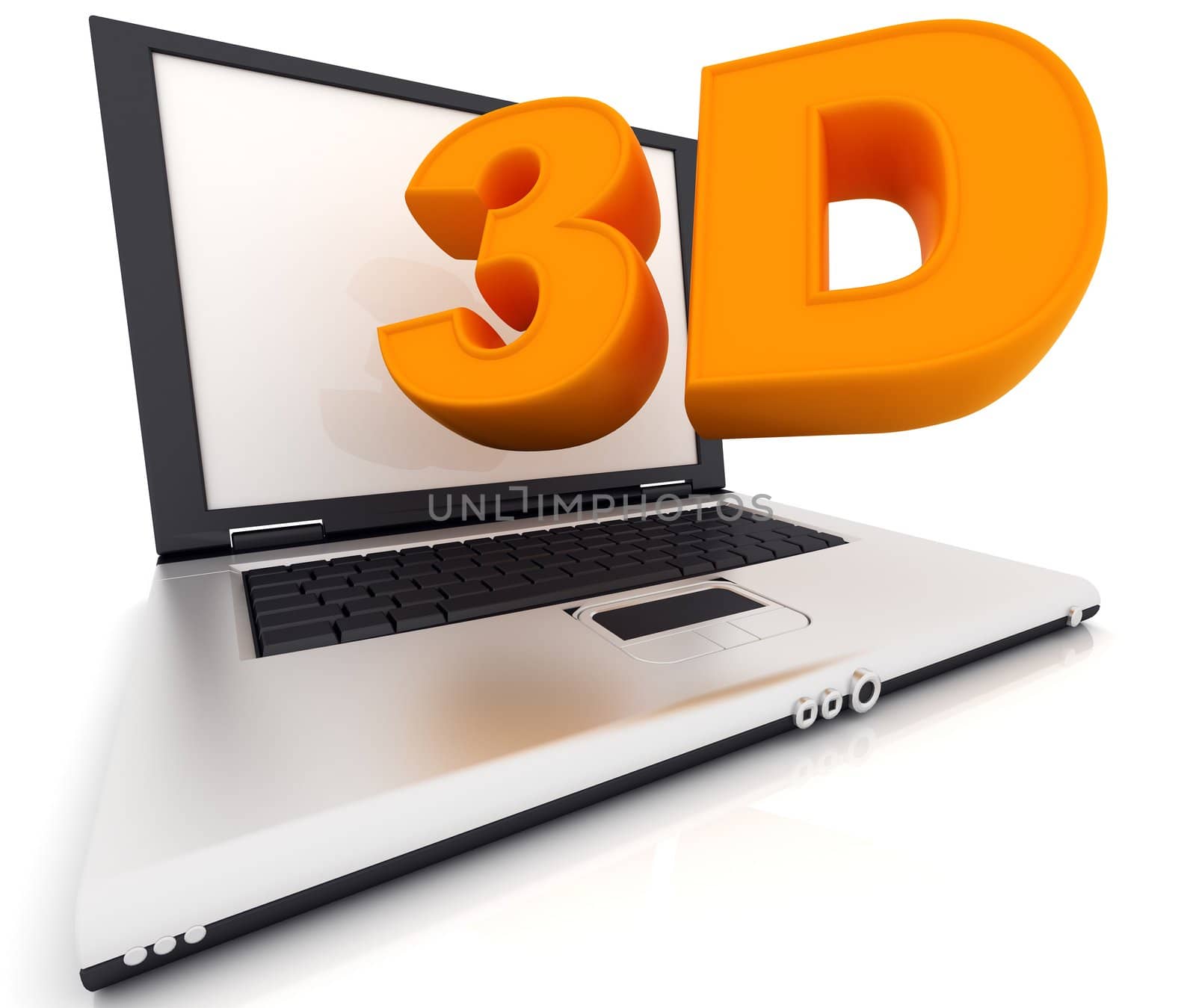 Word "3D" flying out of the screen Laptop