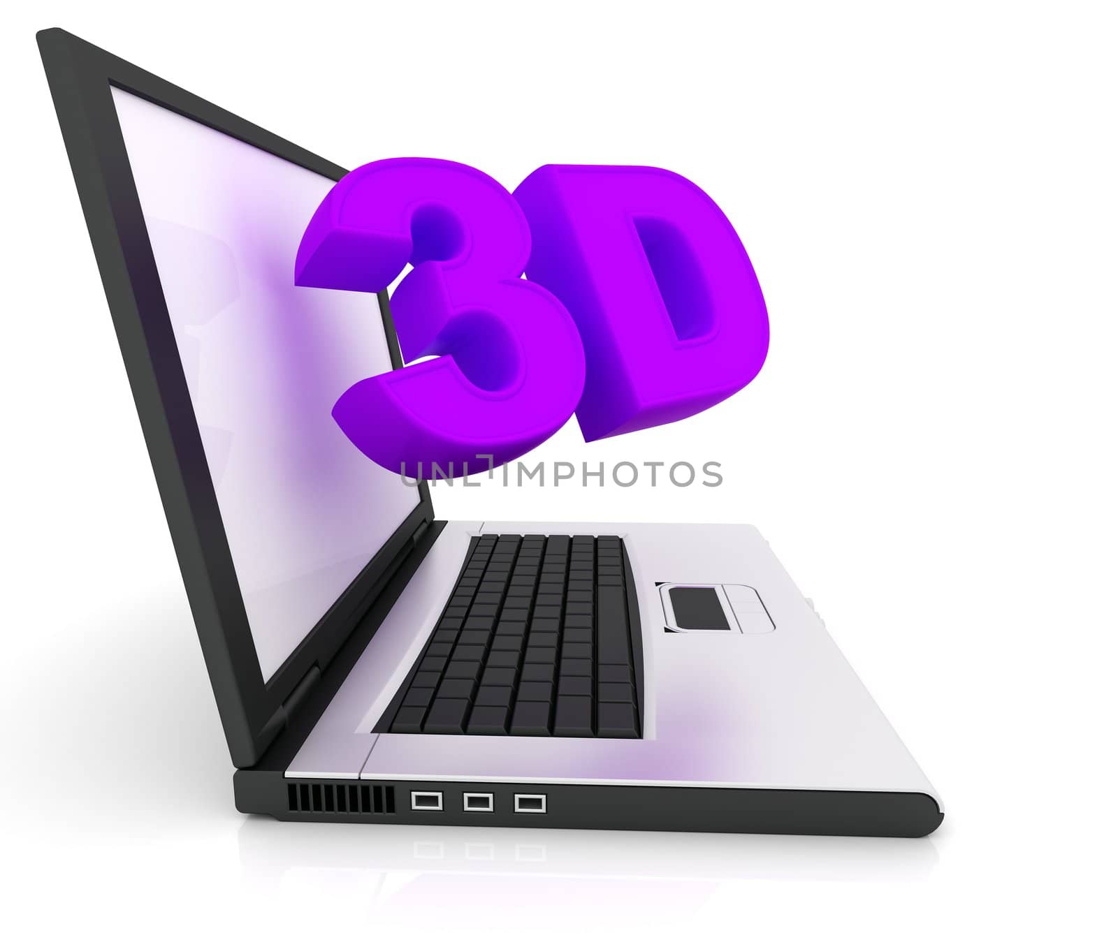 Word "3D" flying out of the screen Laptop