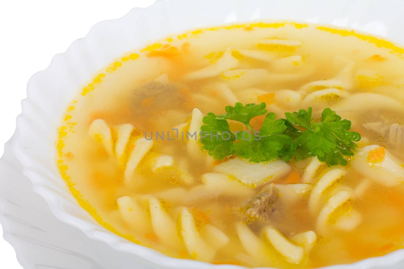 close-up soup with macaroni and meat, isolated on white