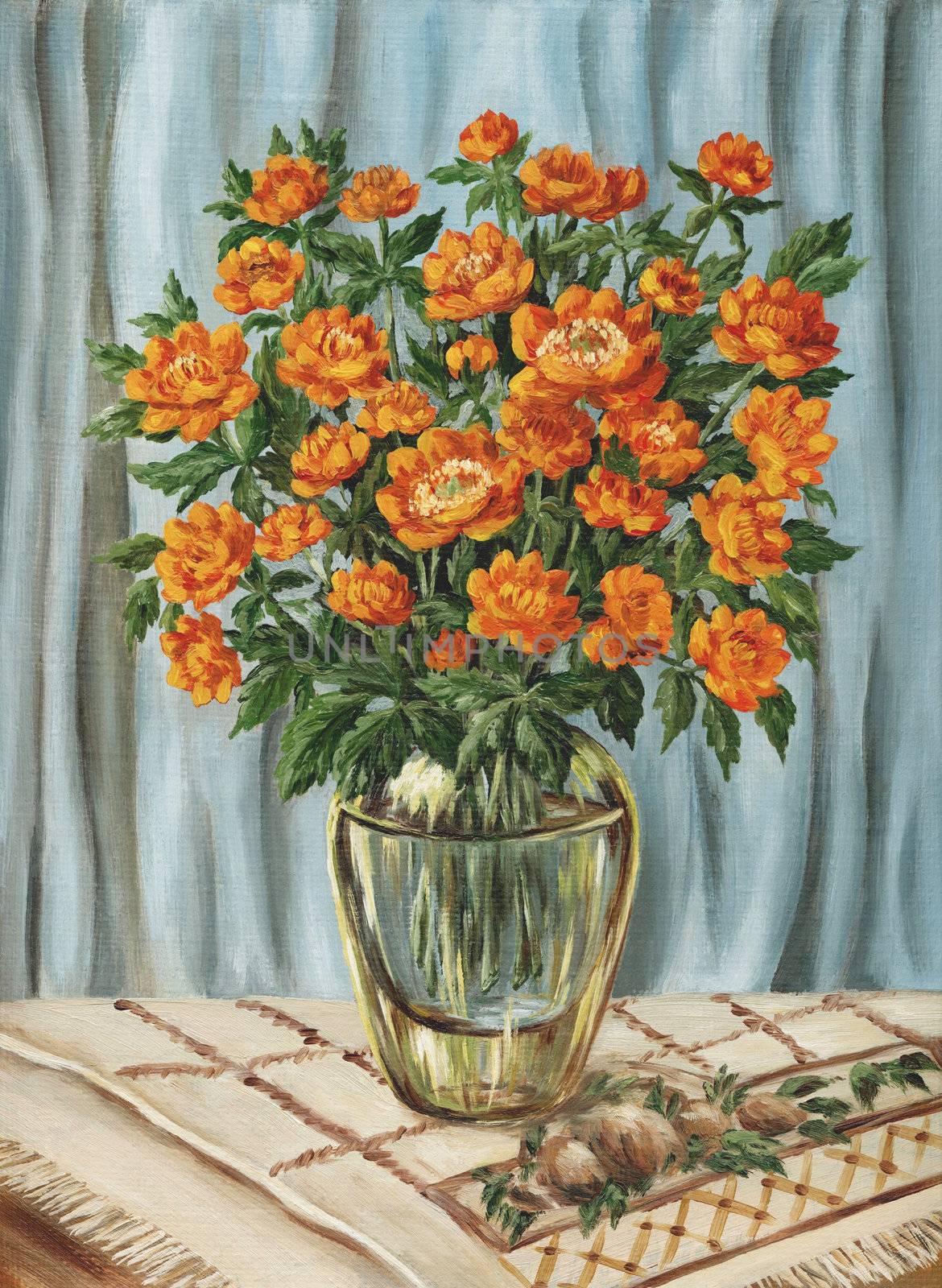 Flowers, bouquet of trollius in a glass vase. Picture oil paints on a canvas