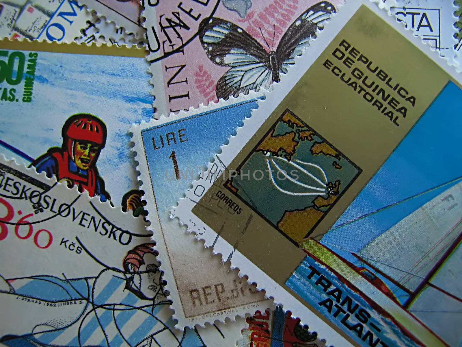 A photograph of various world postage stamps.