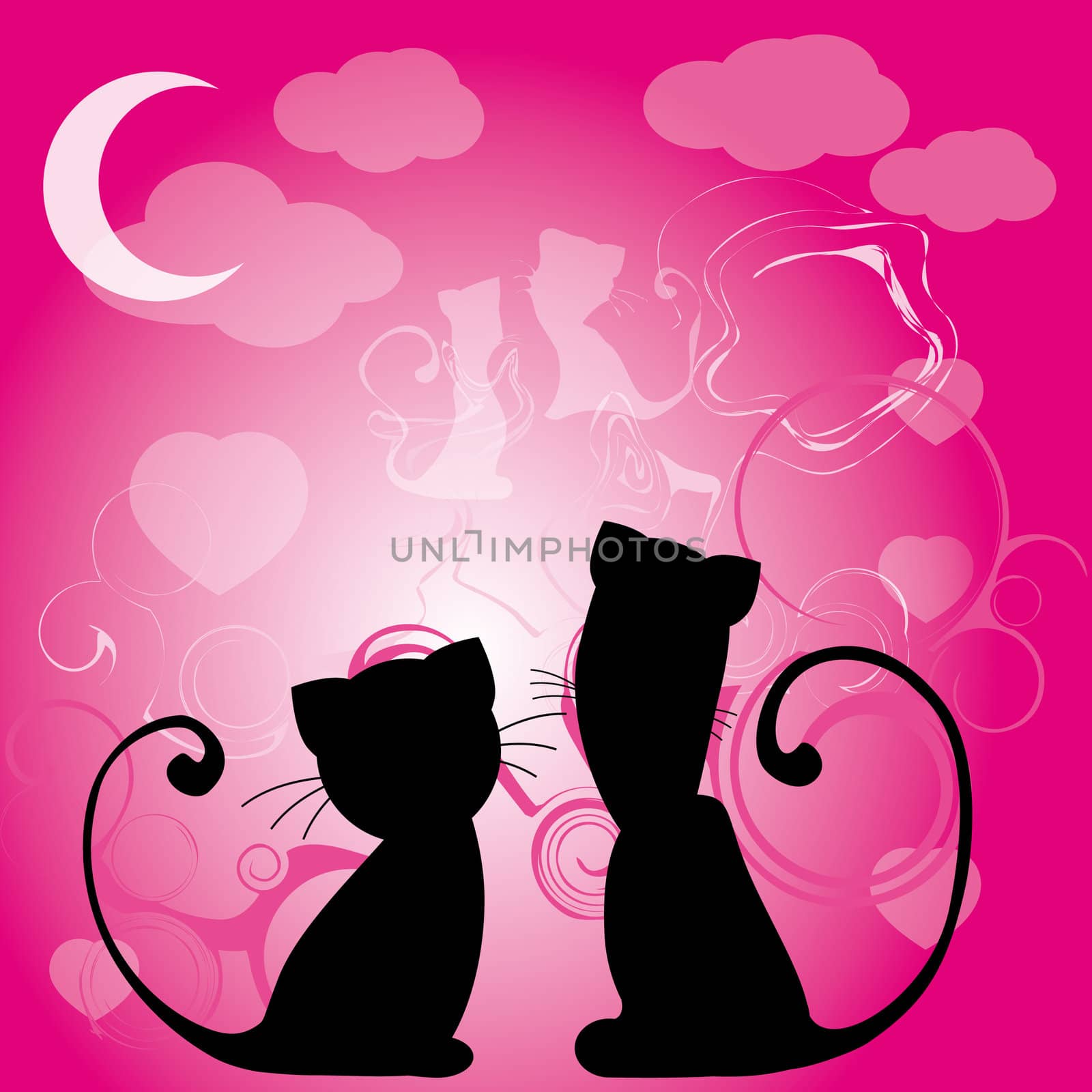 Drawing of two black cats on a pink abstract background