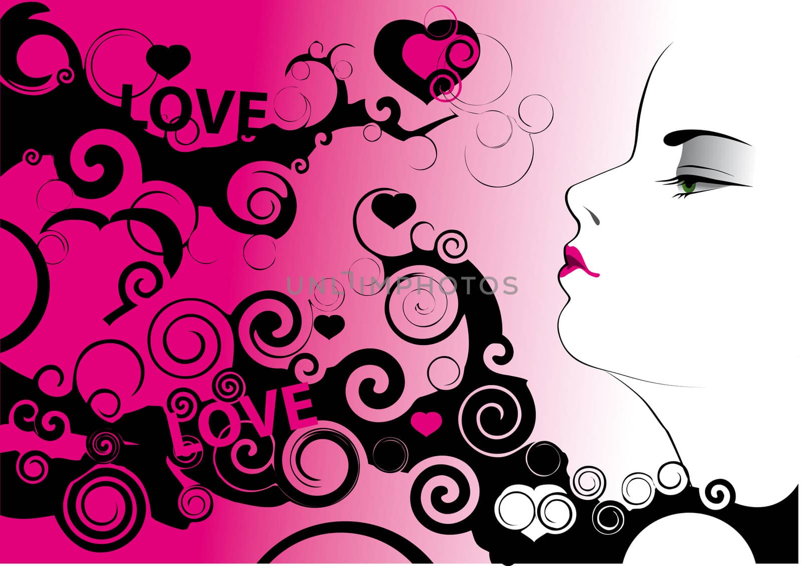 Girl's face on abstract background with hearts