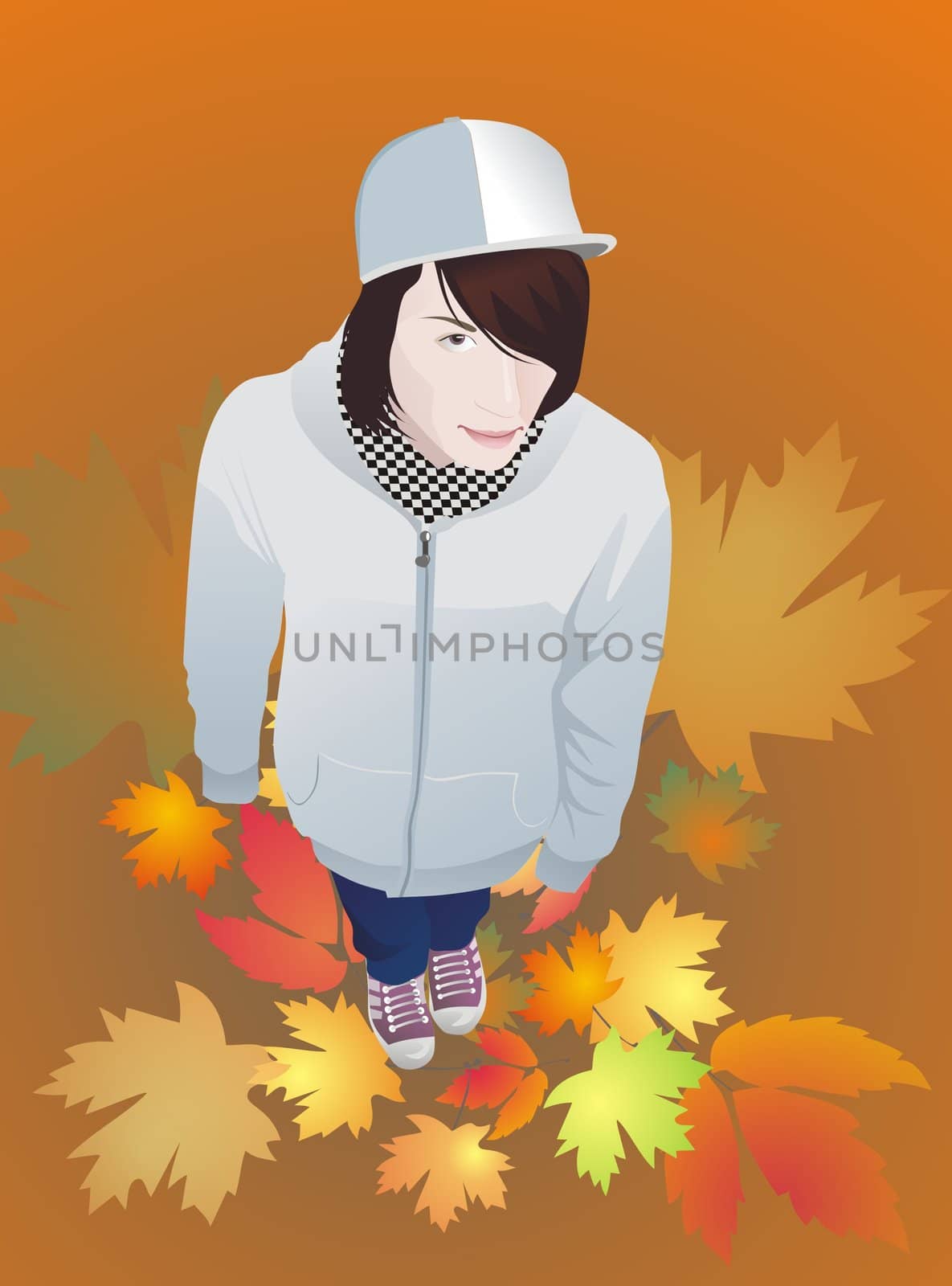 Drawing a teen boy in a cap and gumshoes, with long hair, autumn