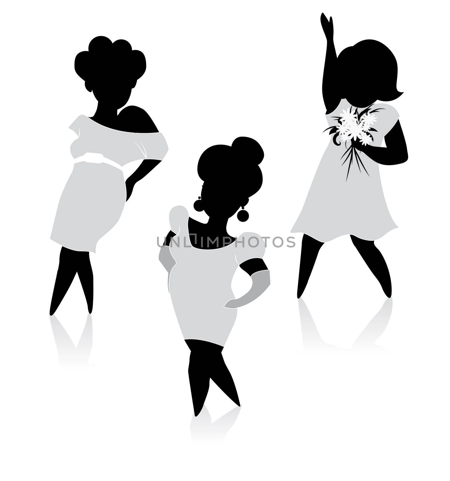 Drawing funny plump women in fashionable dresses, silhouette