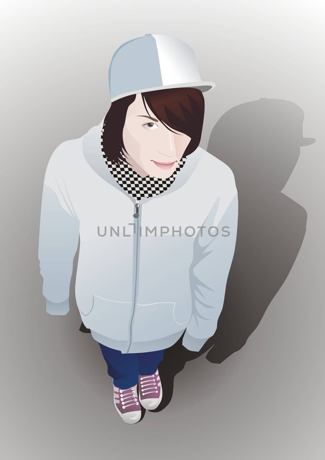 Drawing a teen boy in a cap and gumshoes, with long hair
