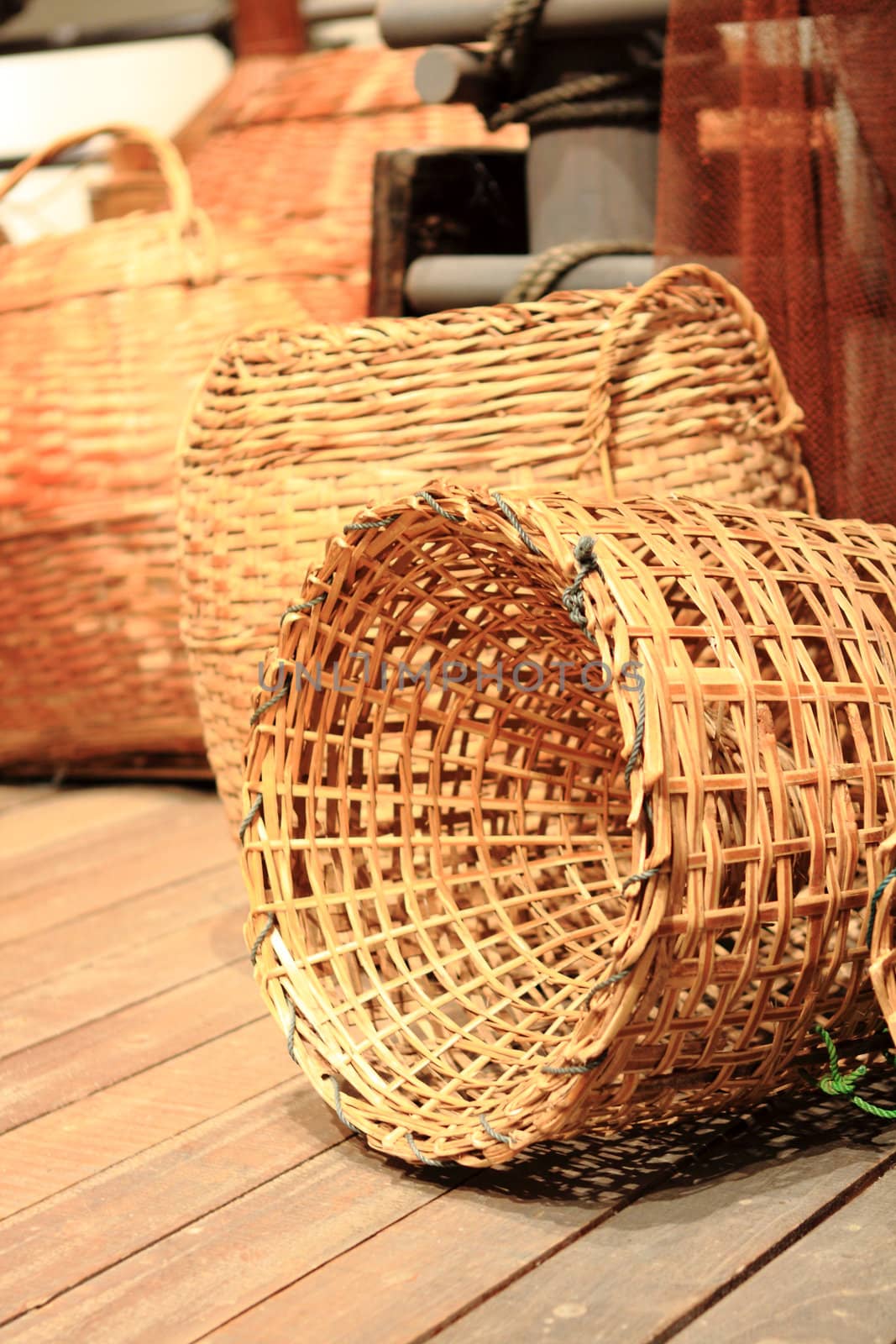 many yellow Wicker Basket  on the floor