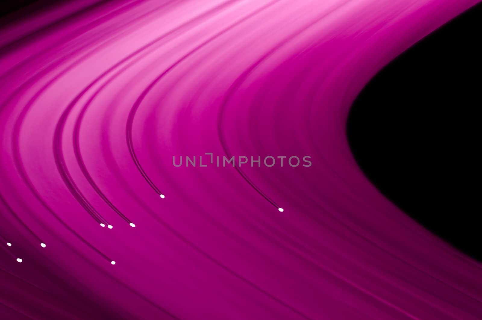 Close up capturing the ends of several illuminated pink fibre optic light strands against a black background. Abstract style.