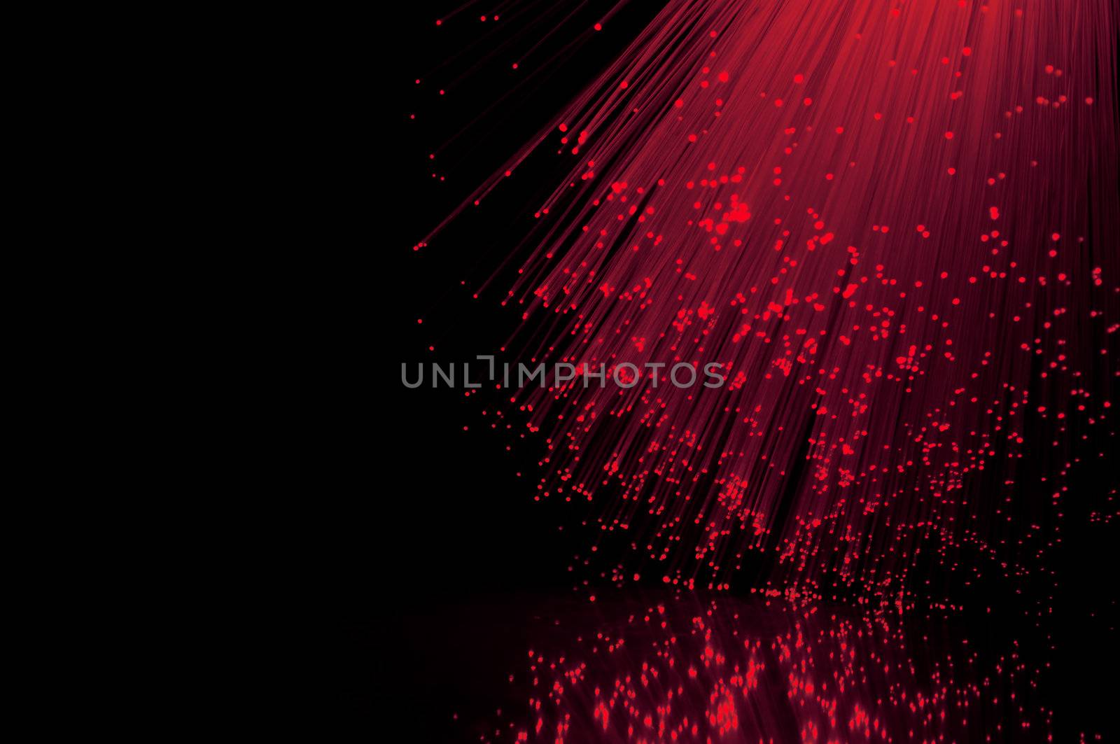 Crimson fiber optic light strands against a black background and reflecting into the foreground.