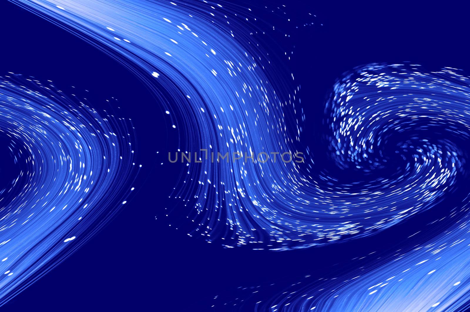 Abstract style blue fibre optic strands swirling against a blue background.