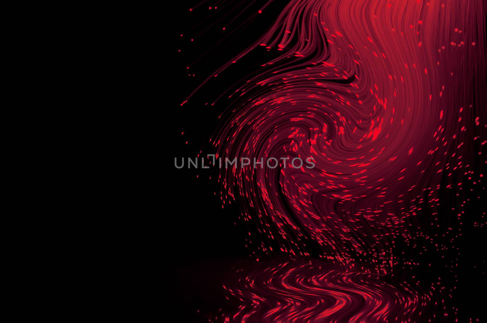 Crimson fiber optic light strands swirling against a black background and reflecting into the foreground.