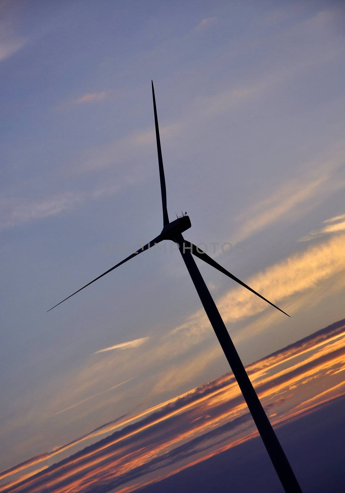 Wind turbine farm over sunset
