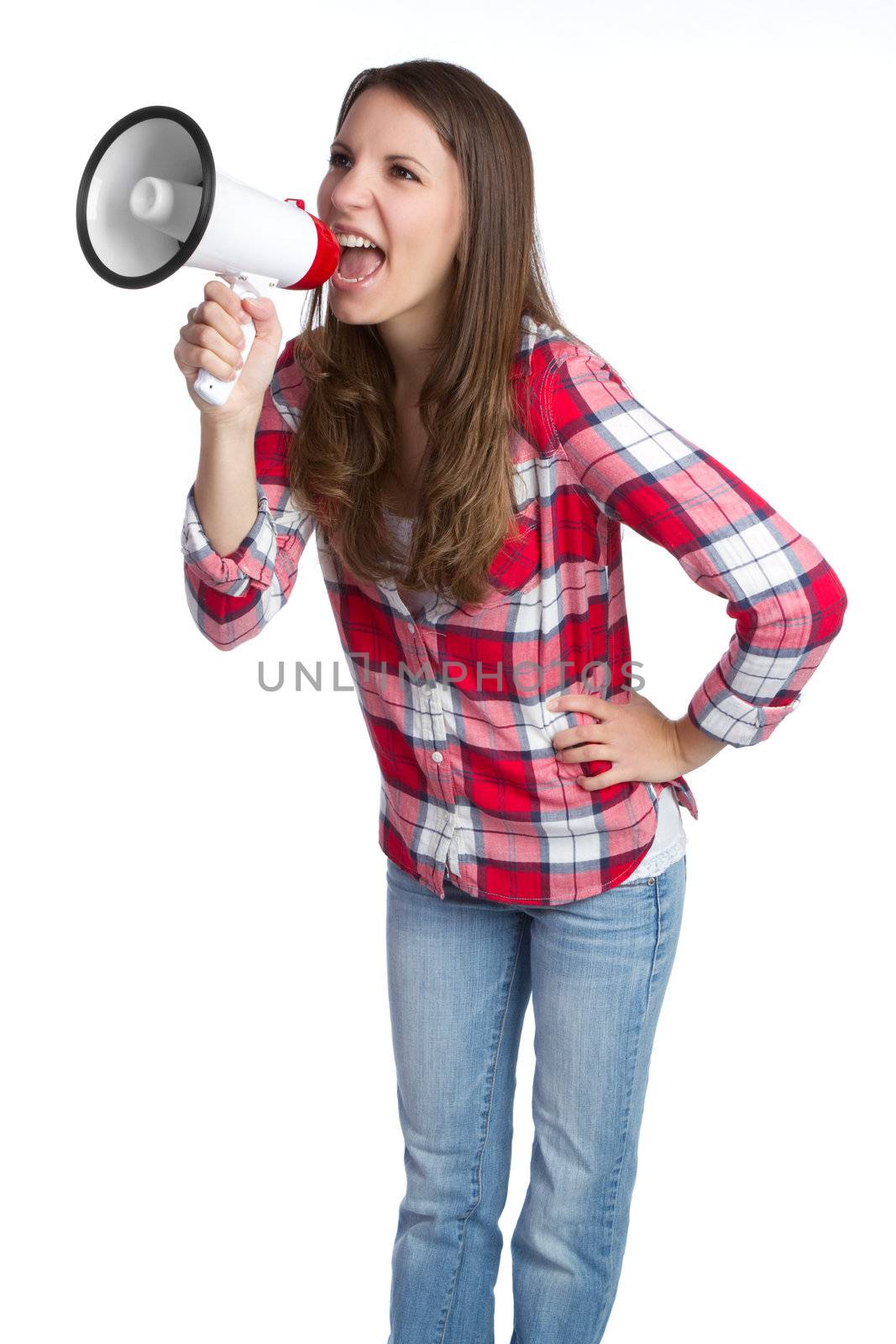 Isolated woman yelling into megaphone