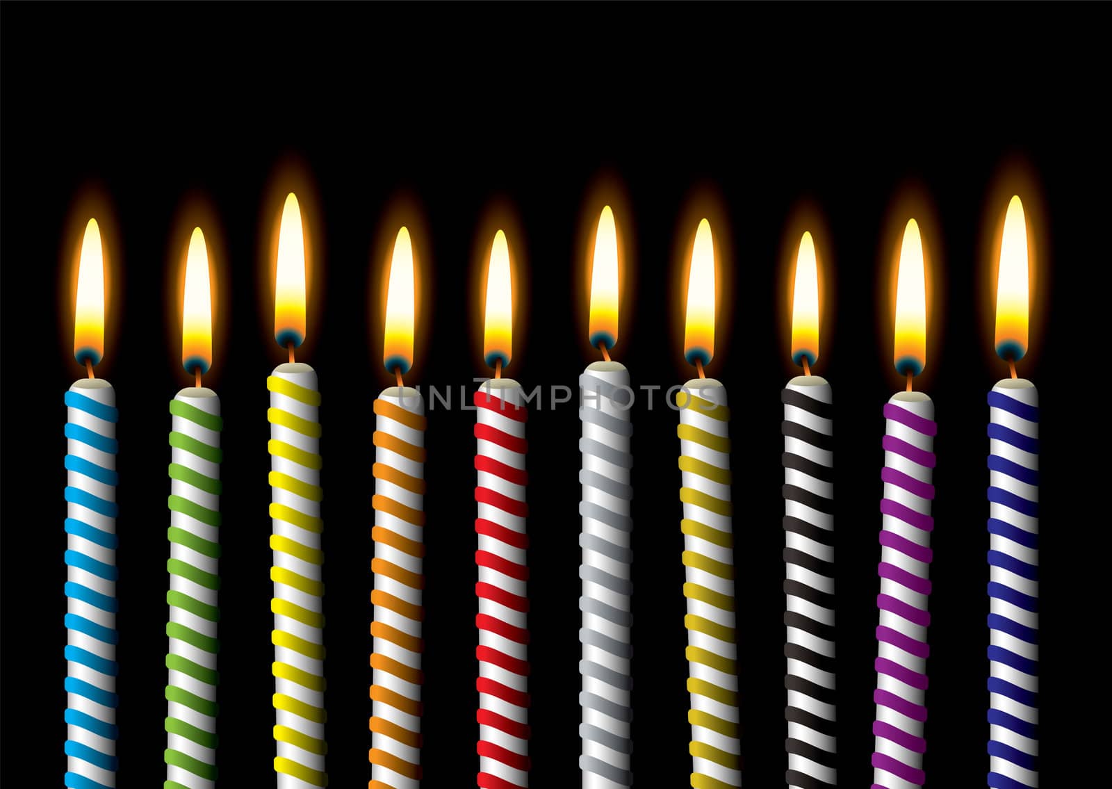 collection of stripe candles with spiral design and bright flame