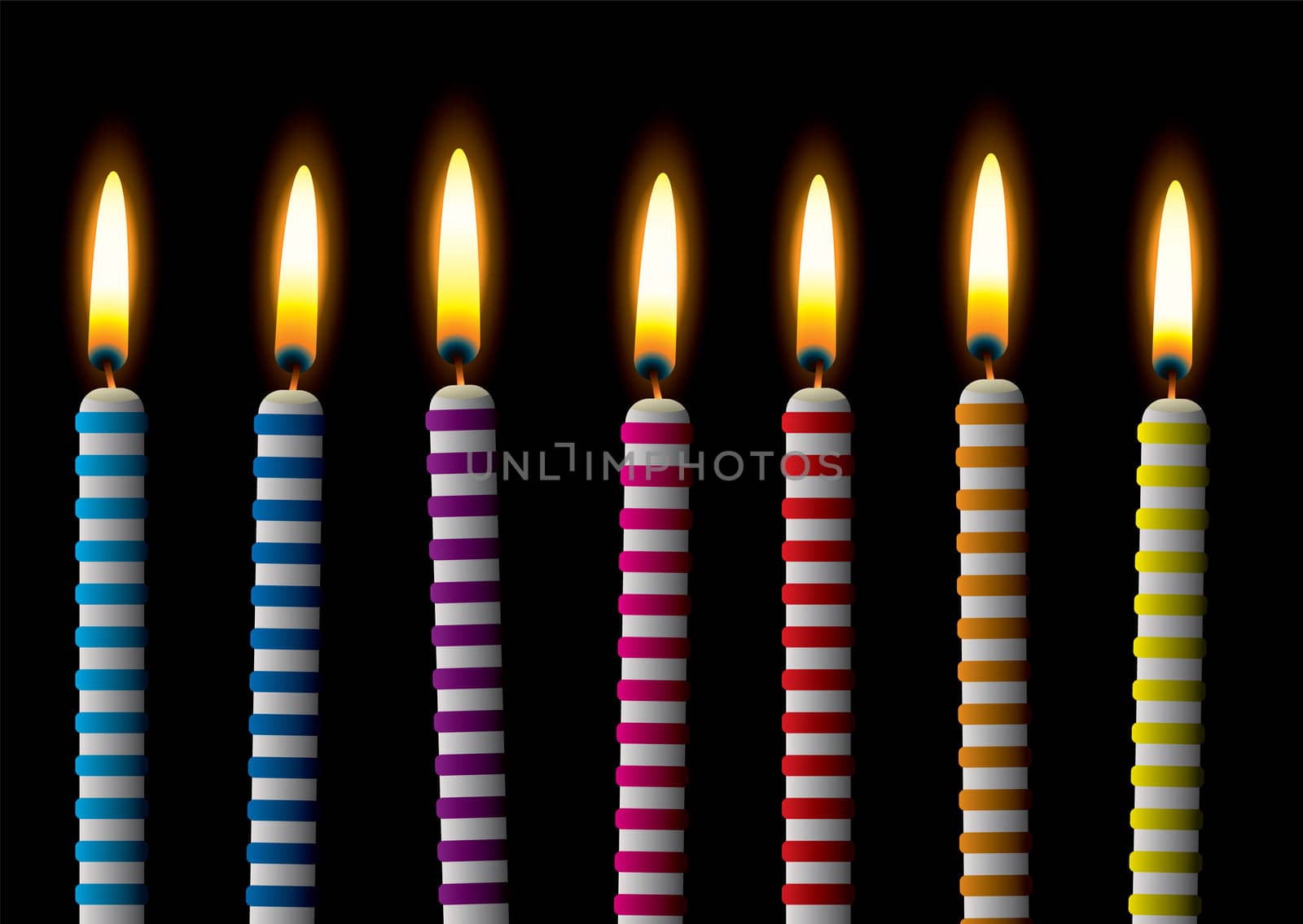 collection candle with stripes and burning flame on black background