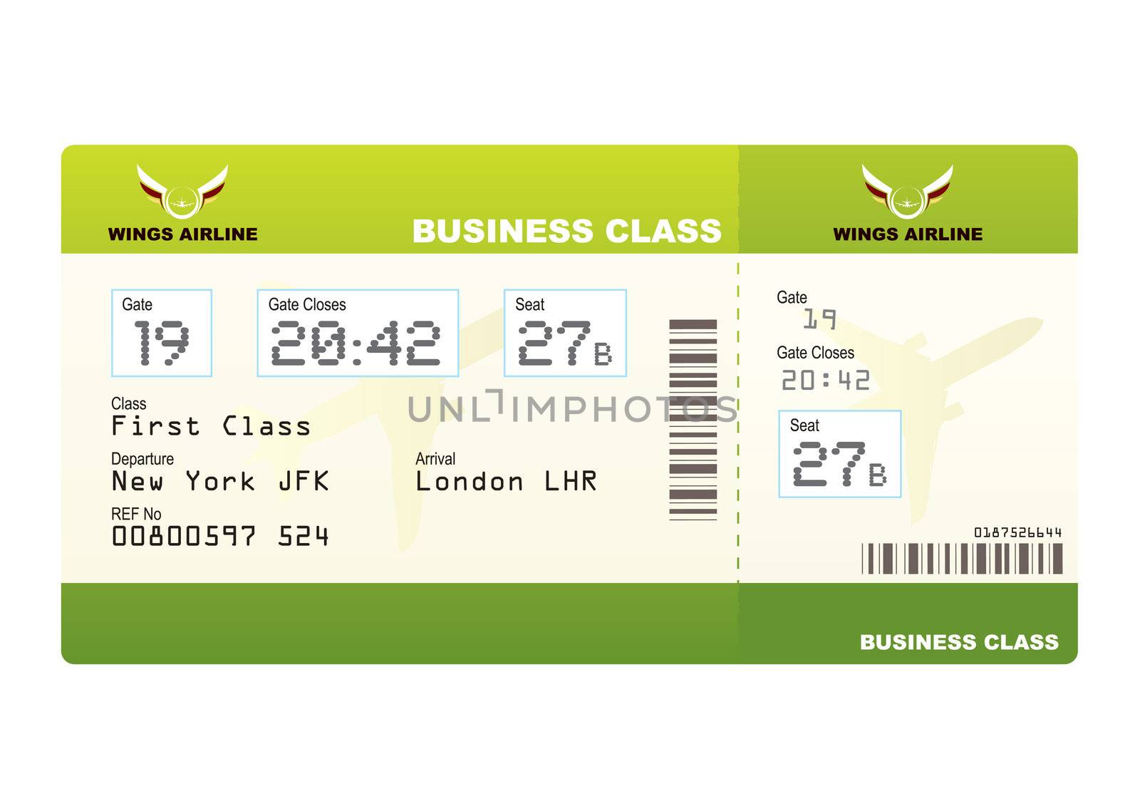 plane tickets business class green boarding pass and gate number