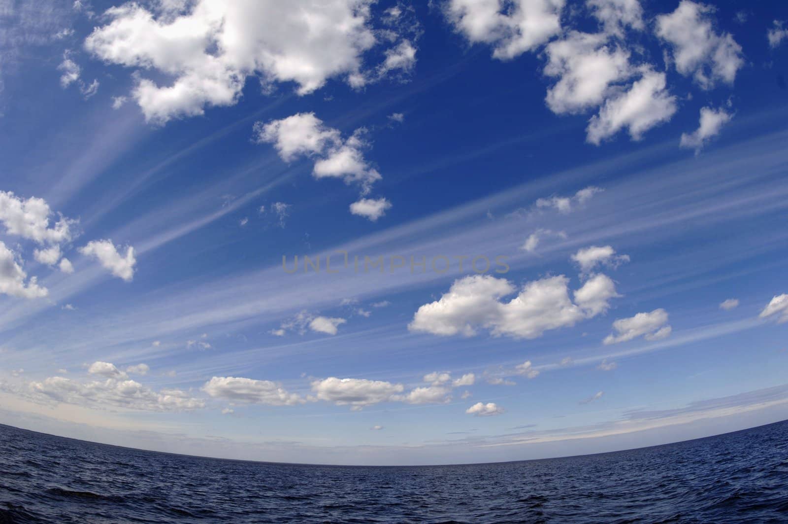 The summer sky over lake. The summer dark blue sky with plumose clouds over lake.