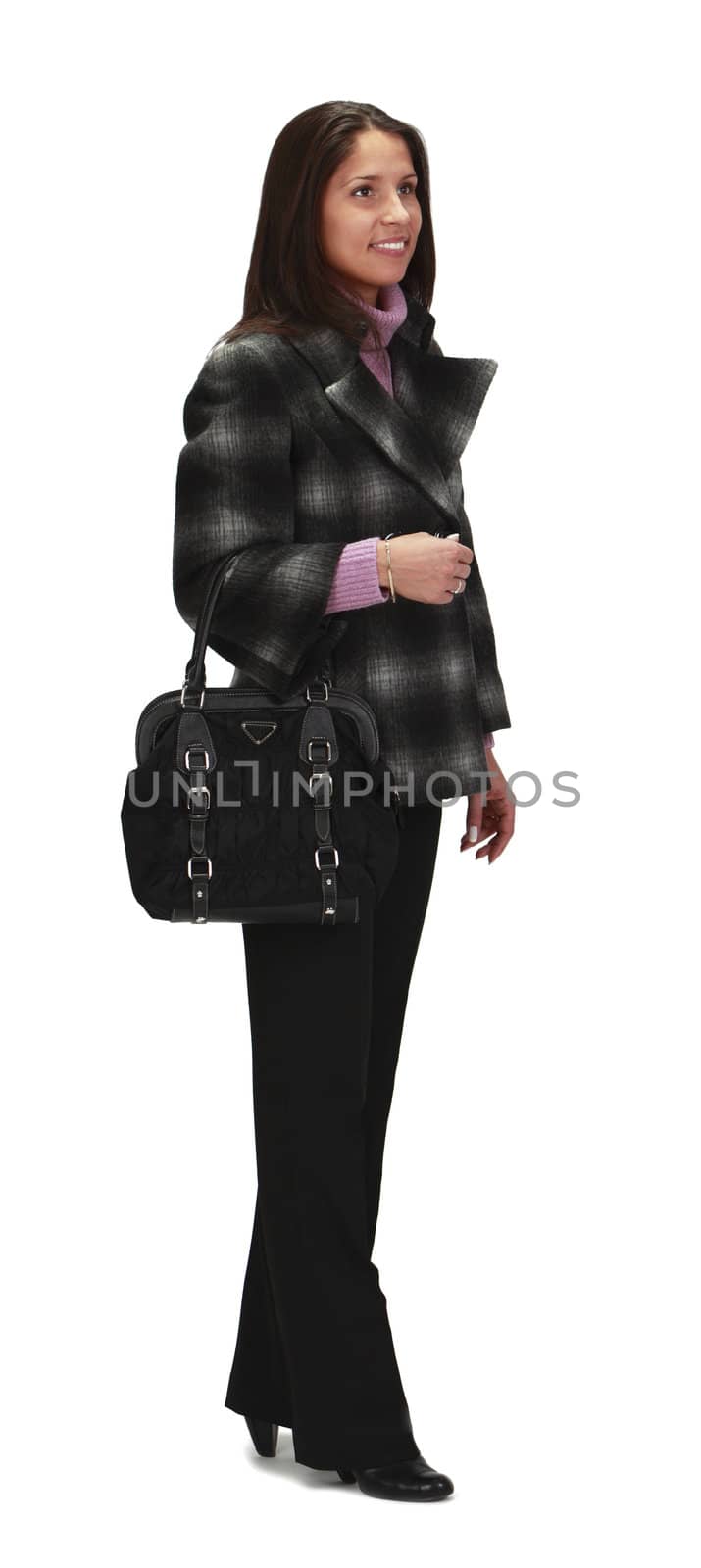 Casually dressed woman with a bag, standing,isolated against a white background.