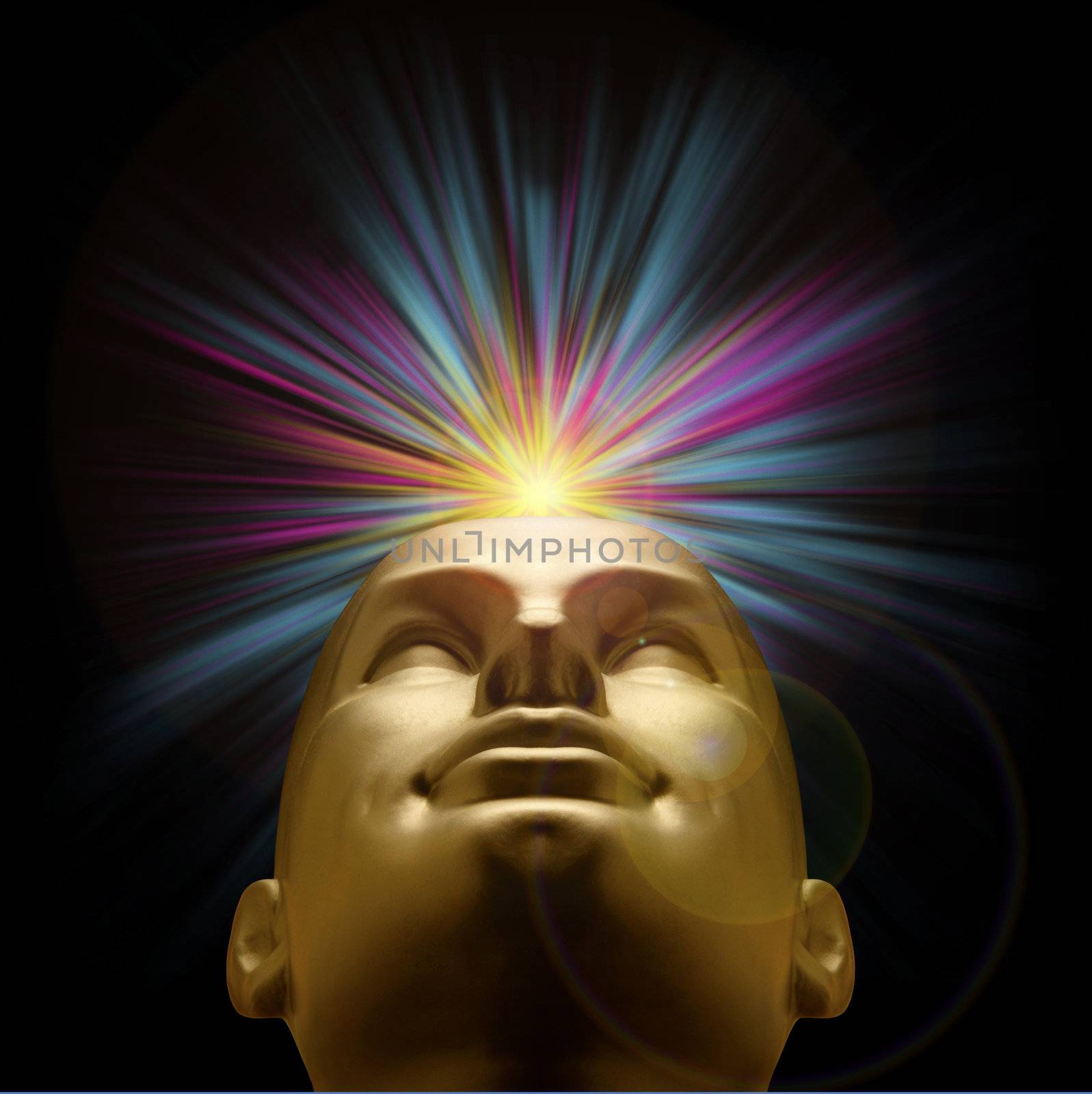 Golden mannequin head looking up with an explosion of purple and blue pastel light above, with lens flare
