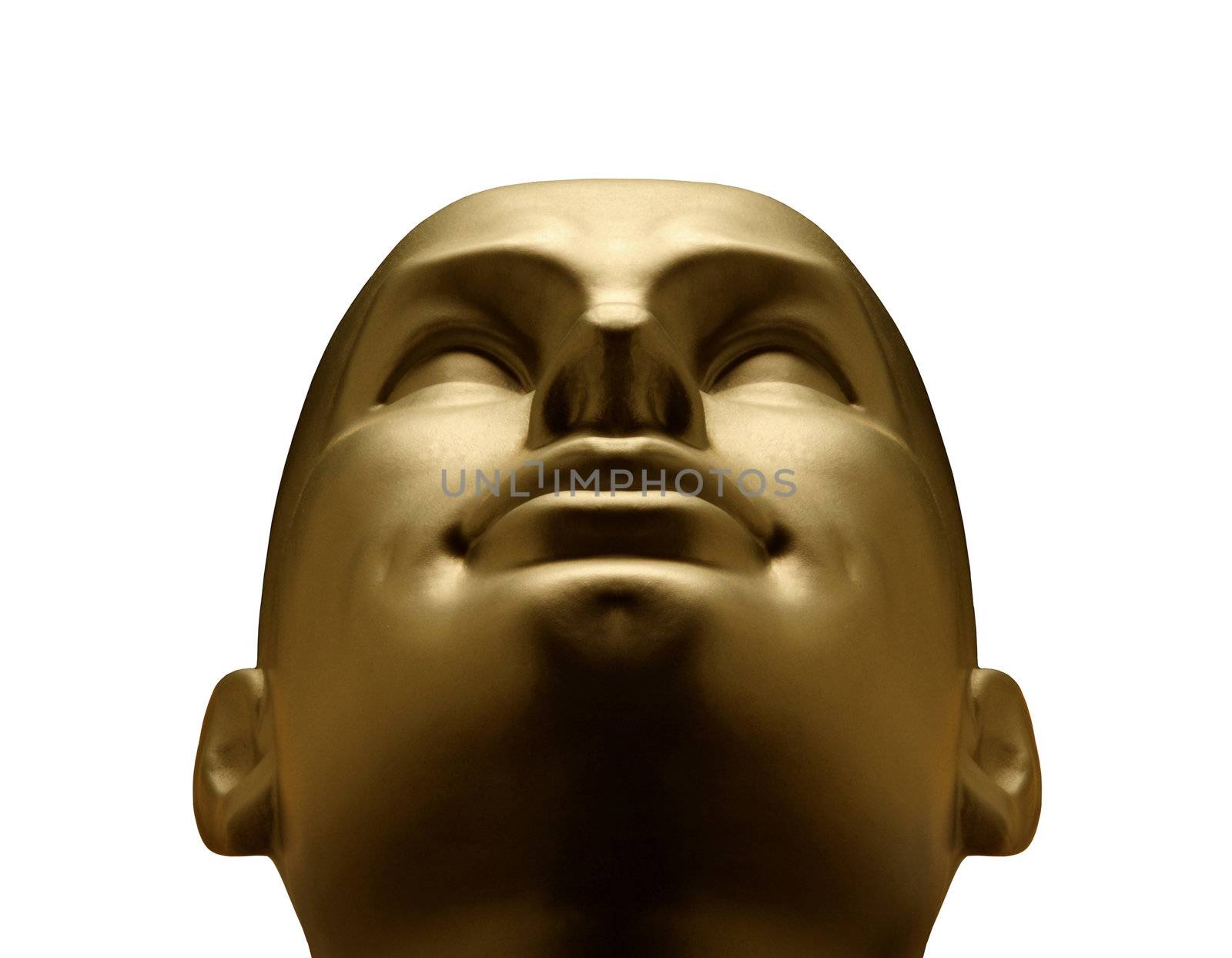 Gold mannequin head looking up against white background