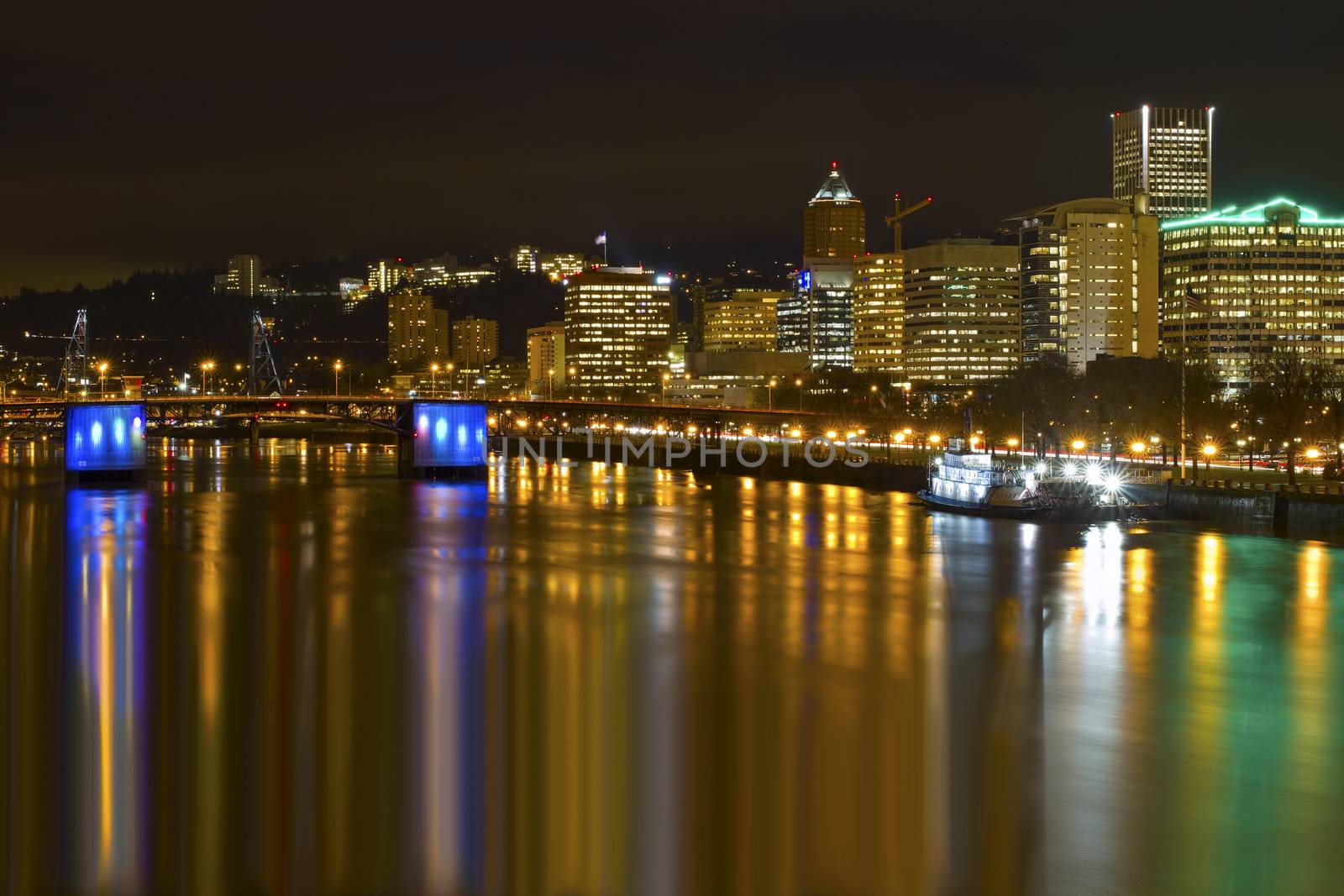 Portland Downtown City Skyline and Bridges by Waterfront at Night