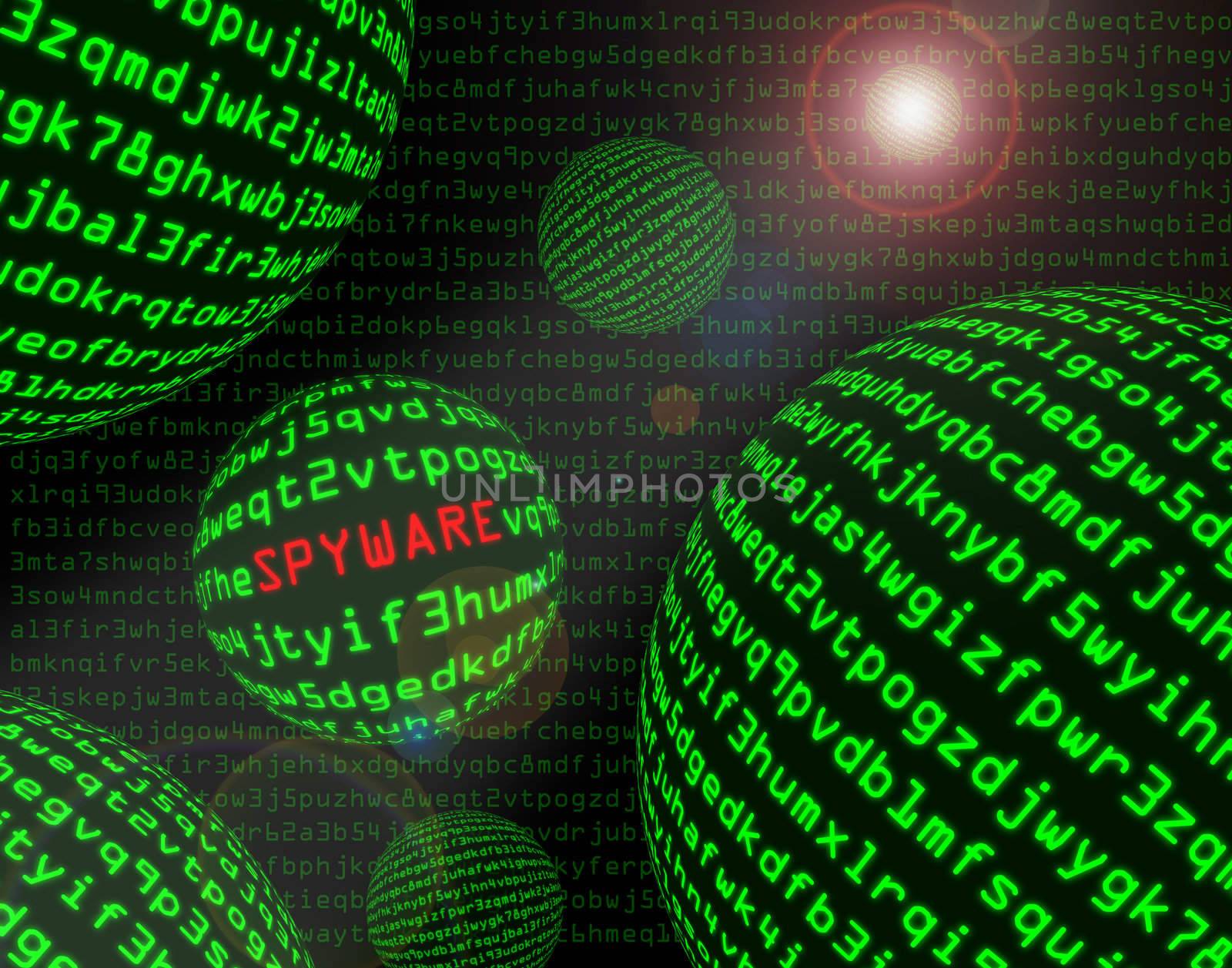 Spyware among spheres of green machine code with lens flare