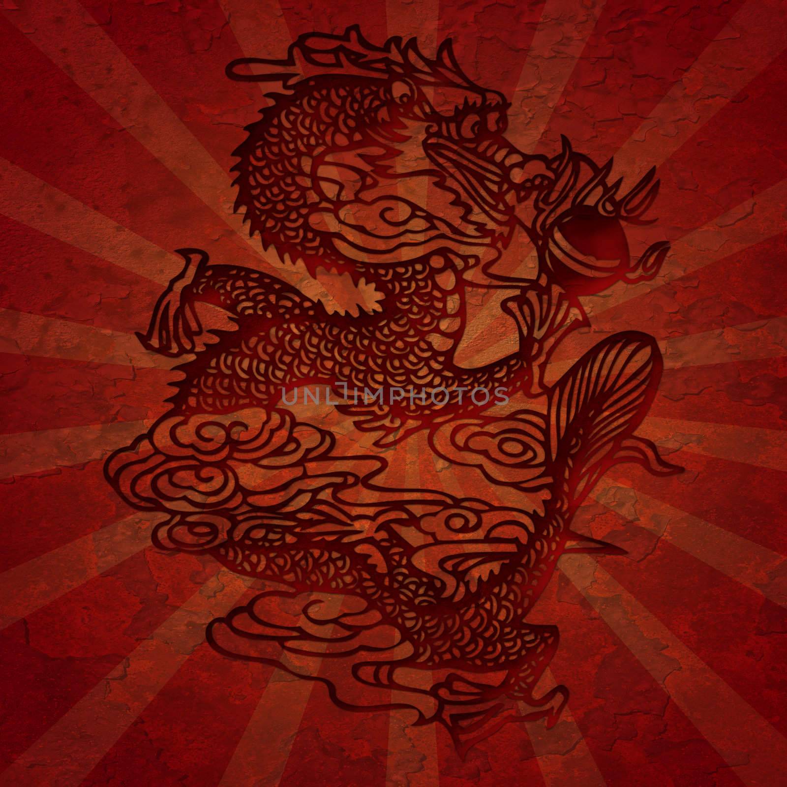 Paper Cutting Asian Dragon Grunge Texture with Rays Illustation