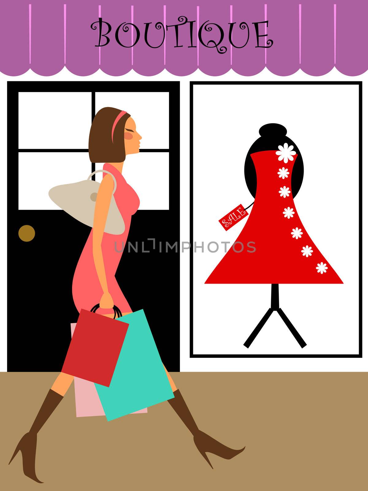 Woman Shopping and Walking in Front of Boutique Store Illustration