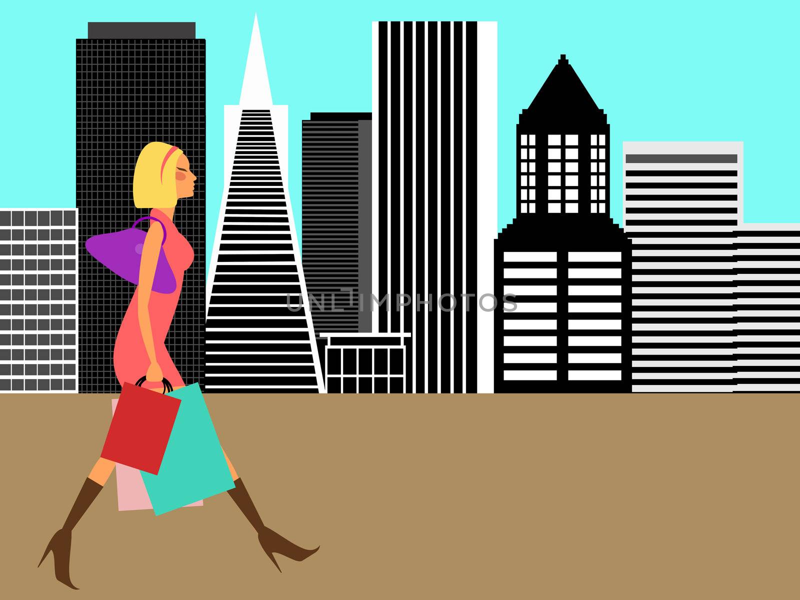Modern Woman Shopping and Walking in the Big City Illustration