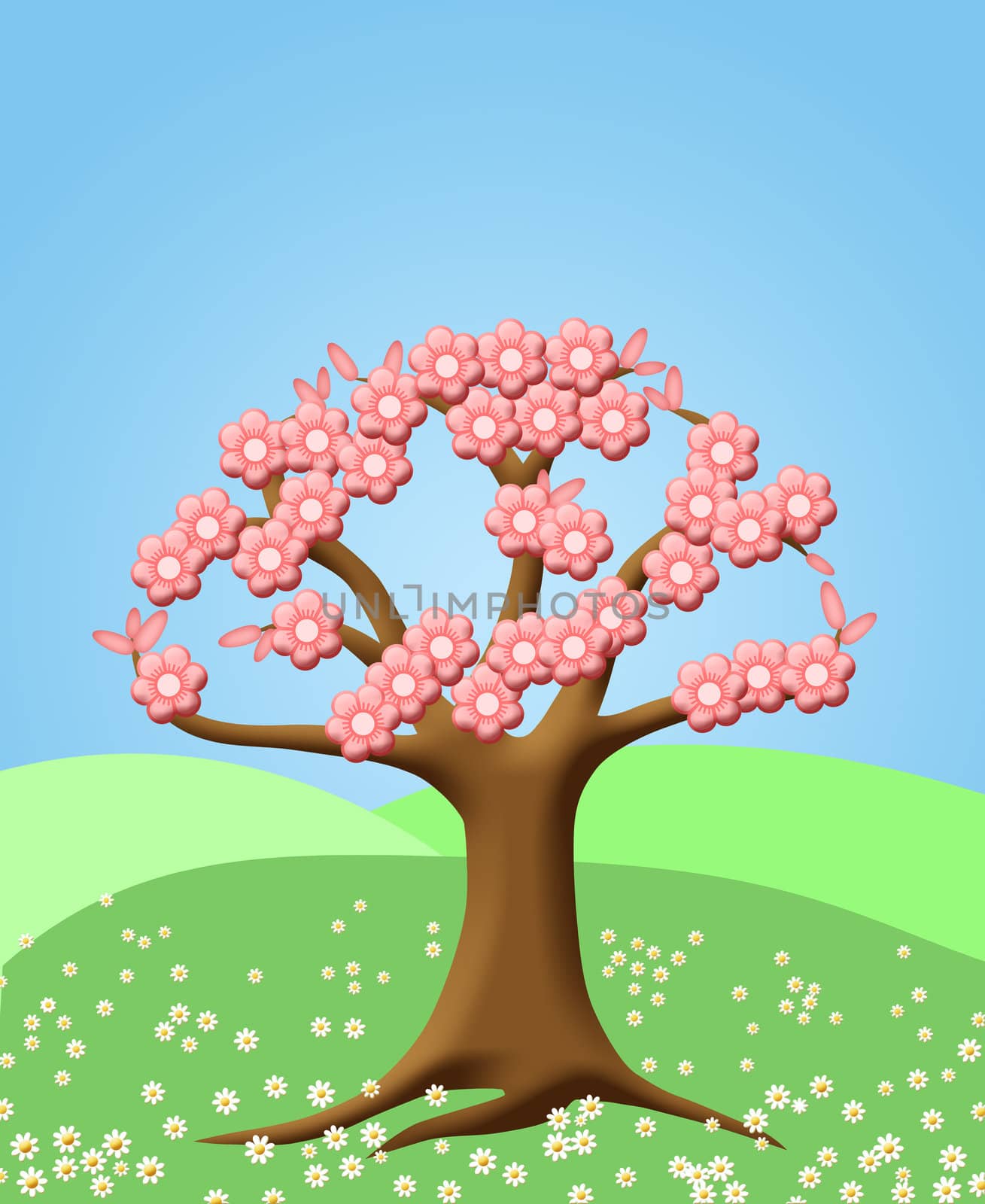 Abstract Tree with Spring Cherry Blossom Flowers Green Pasture Illustration