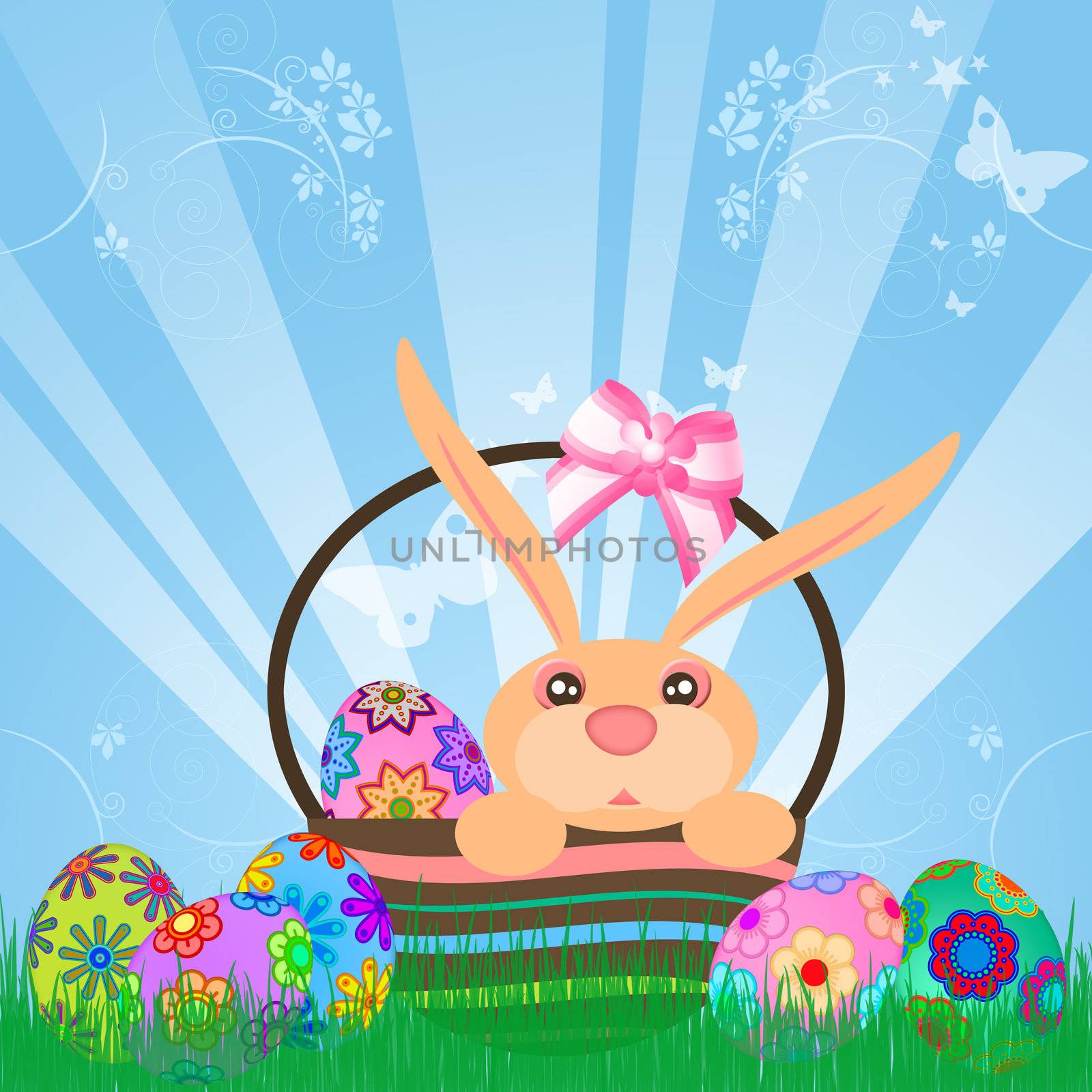 Easter Eggs Bunny Rabbit in Basket Floral Design Sky Rays Grass Illustration
