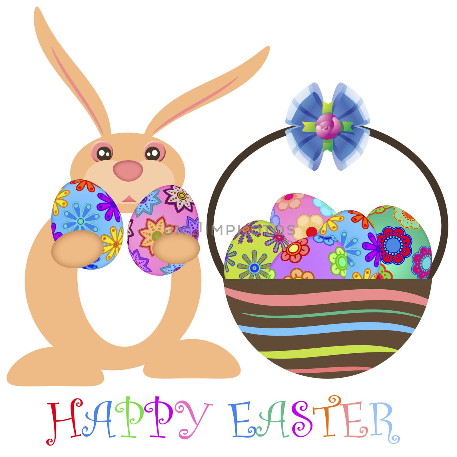 Easter Bunny Carrying Colorful Floral Eggs with Basket Illustration