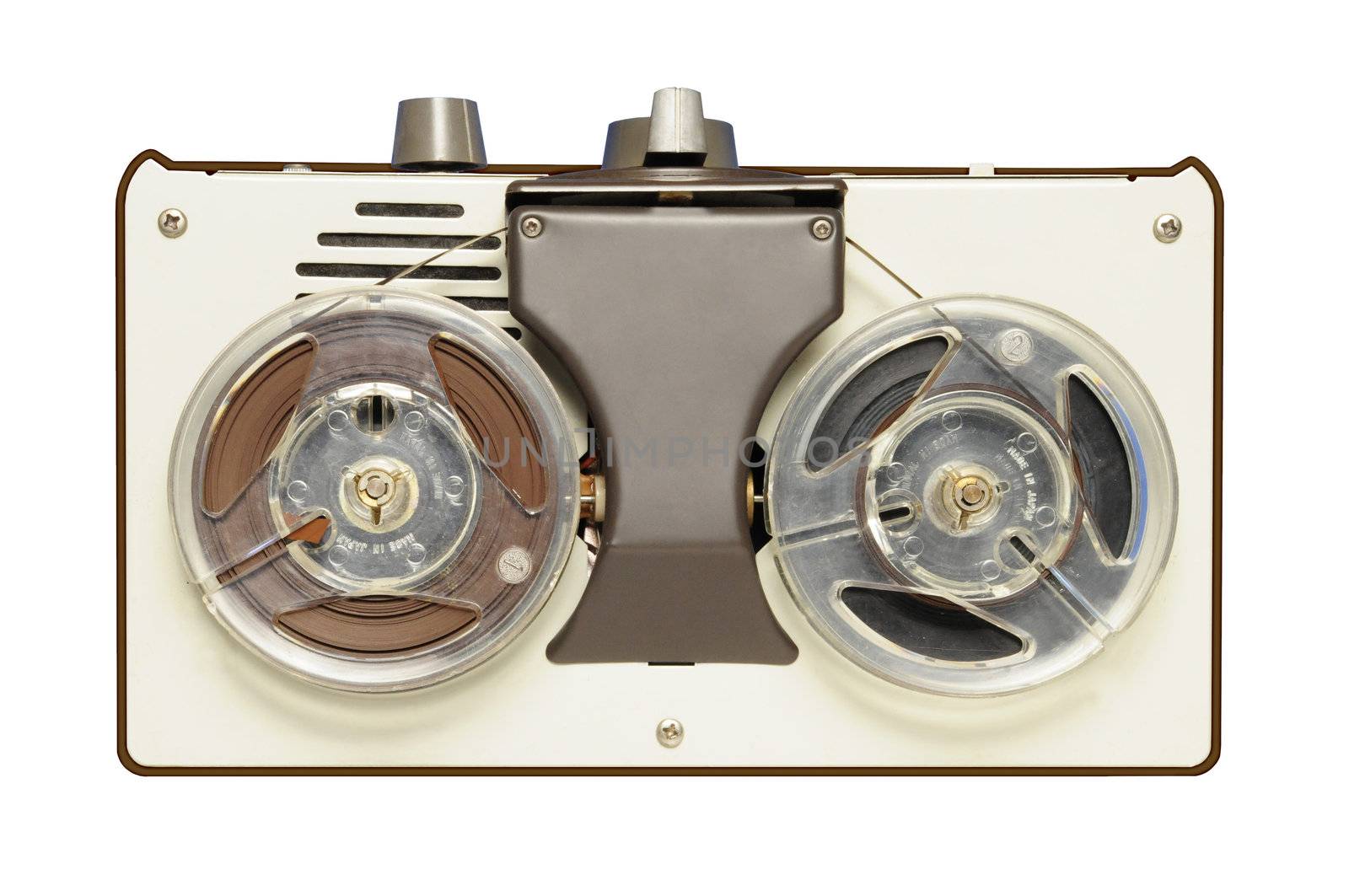 Vintage reel-to-reel tape recorder circa 1967, AIWA brand, made in Japan. Brandname has been removed from photo.