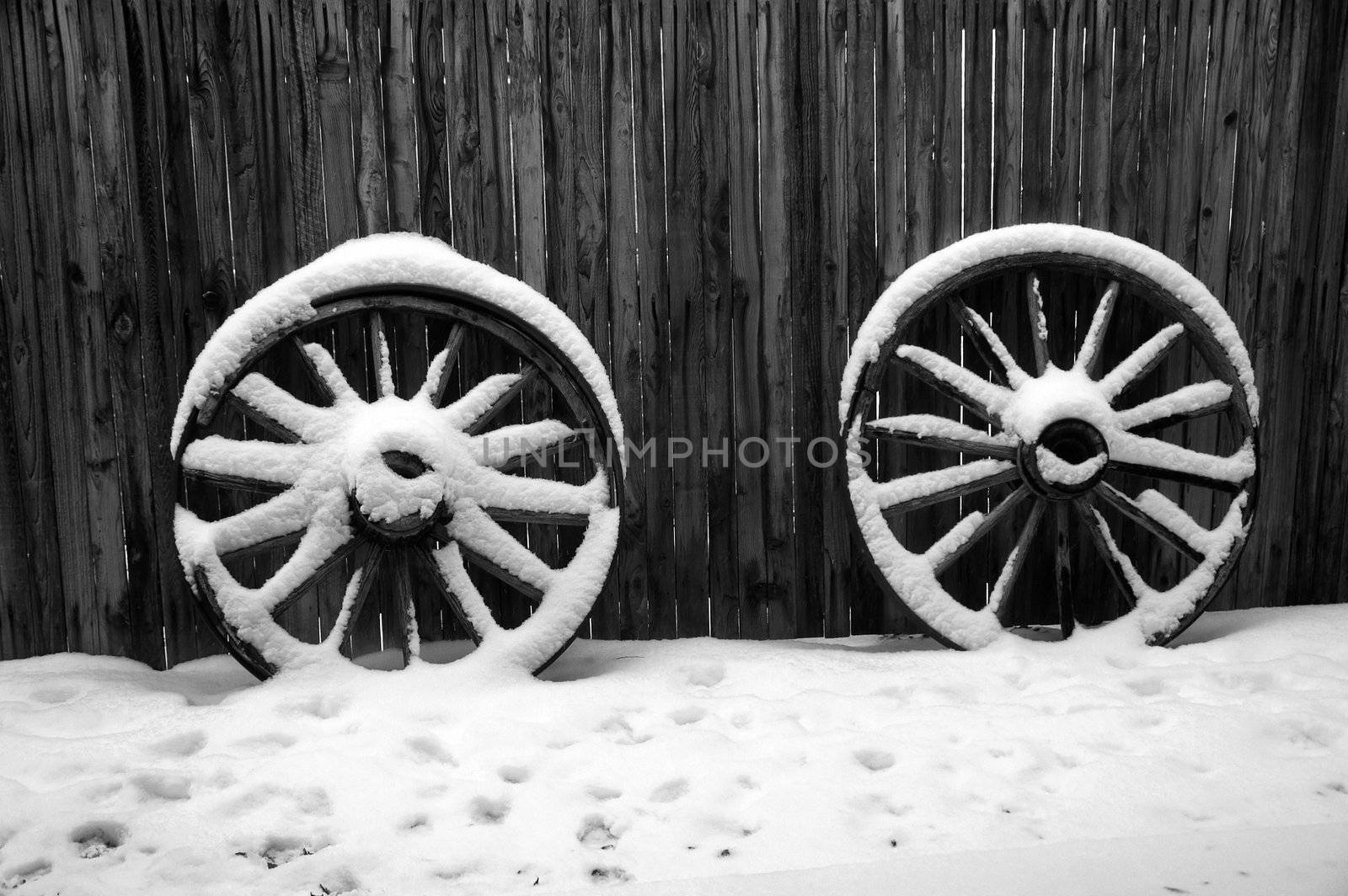 Snow with Wagon Wheels by jdebordphoto