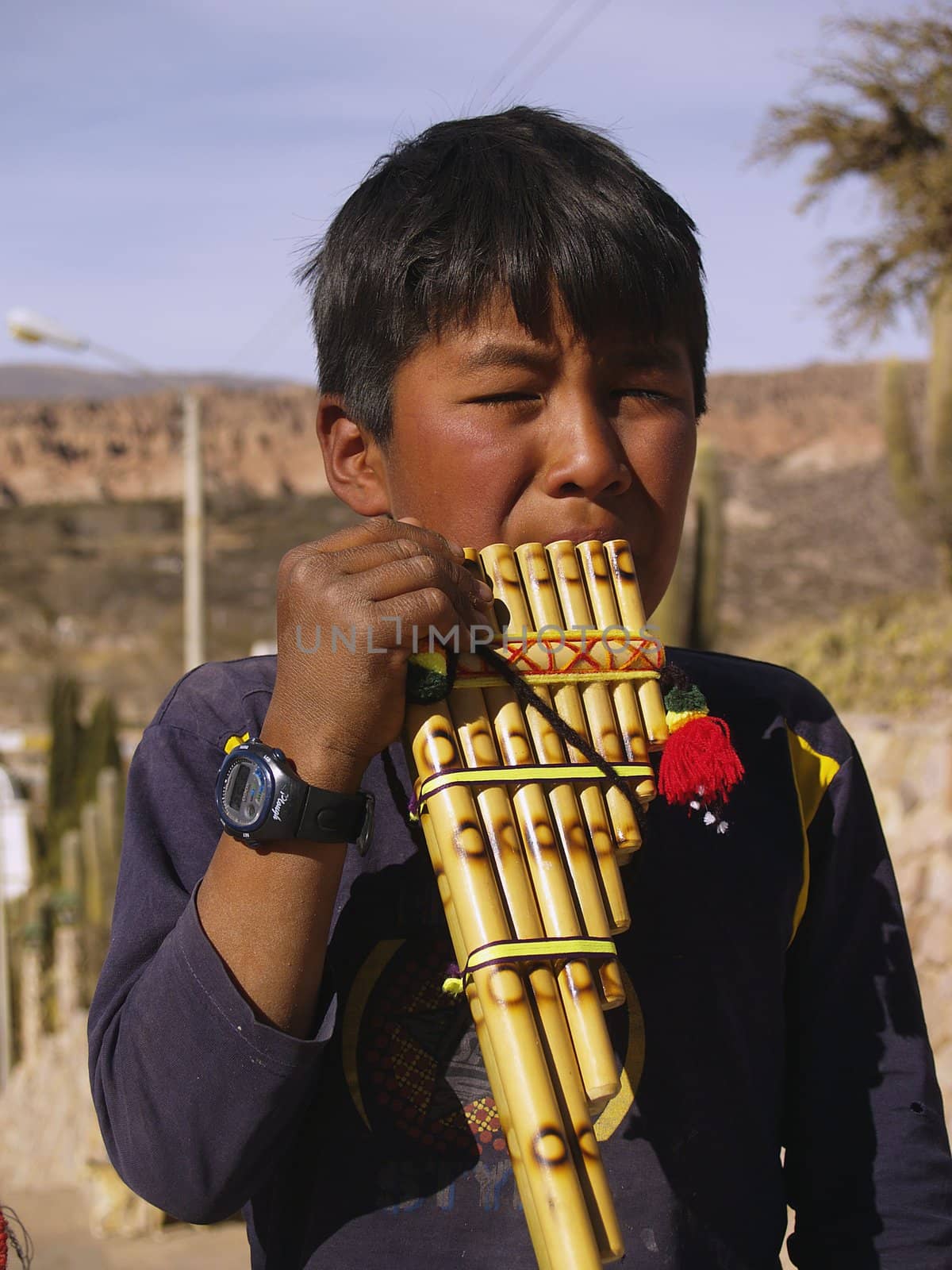 indigenous boy touching to called wind instrument quena