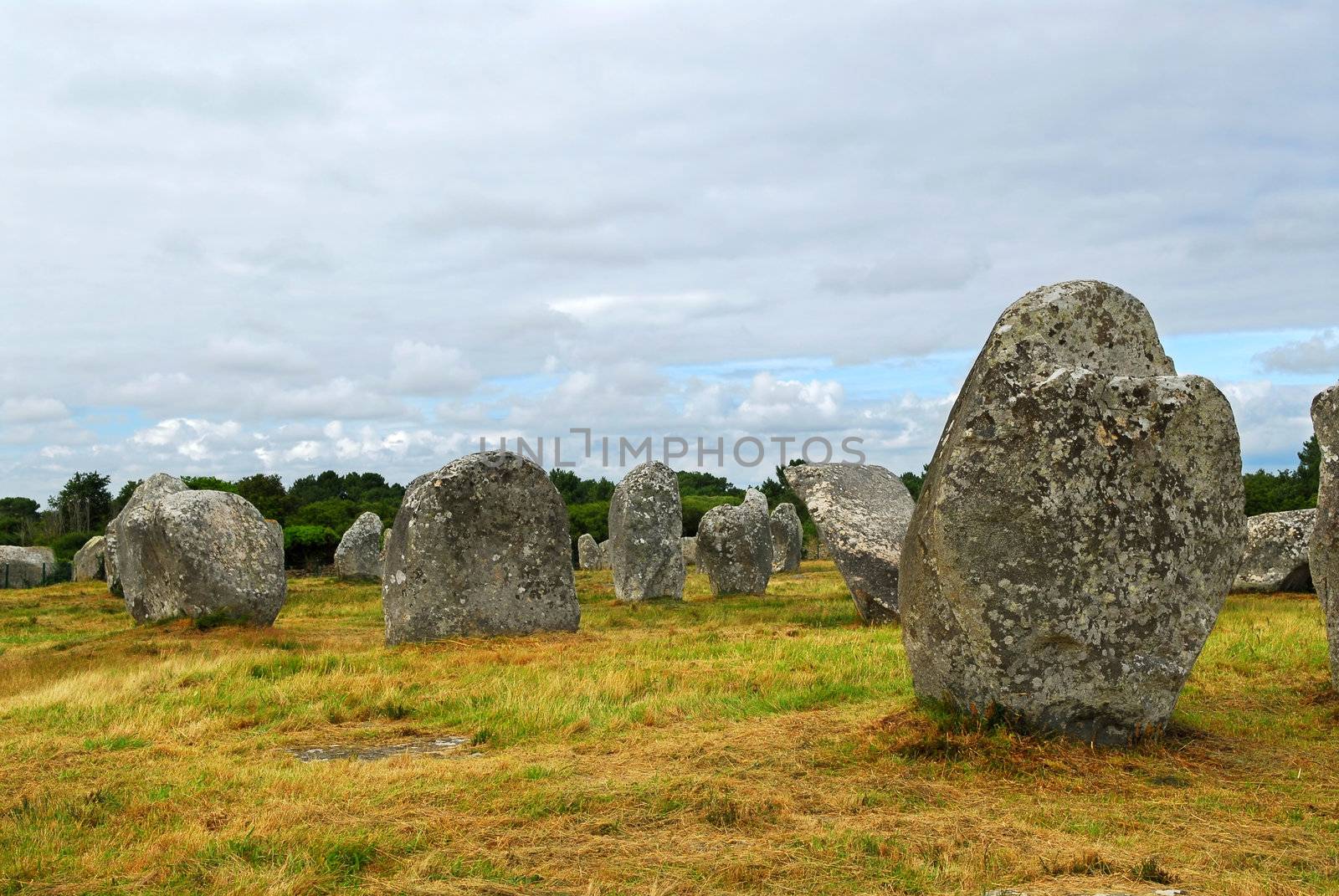 Prehistoric megalithic monuments menhirs in Carnac area in Brittany, France