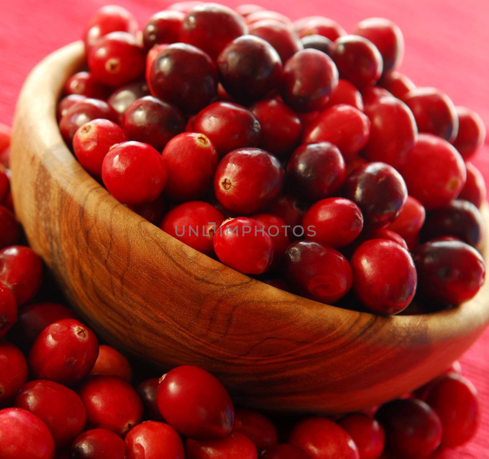 Fresh red cranberries in a wooden bowl 