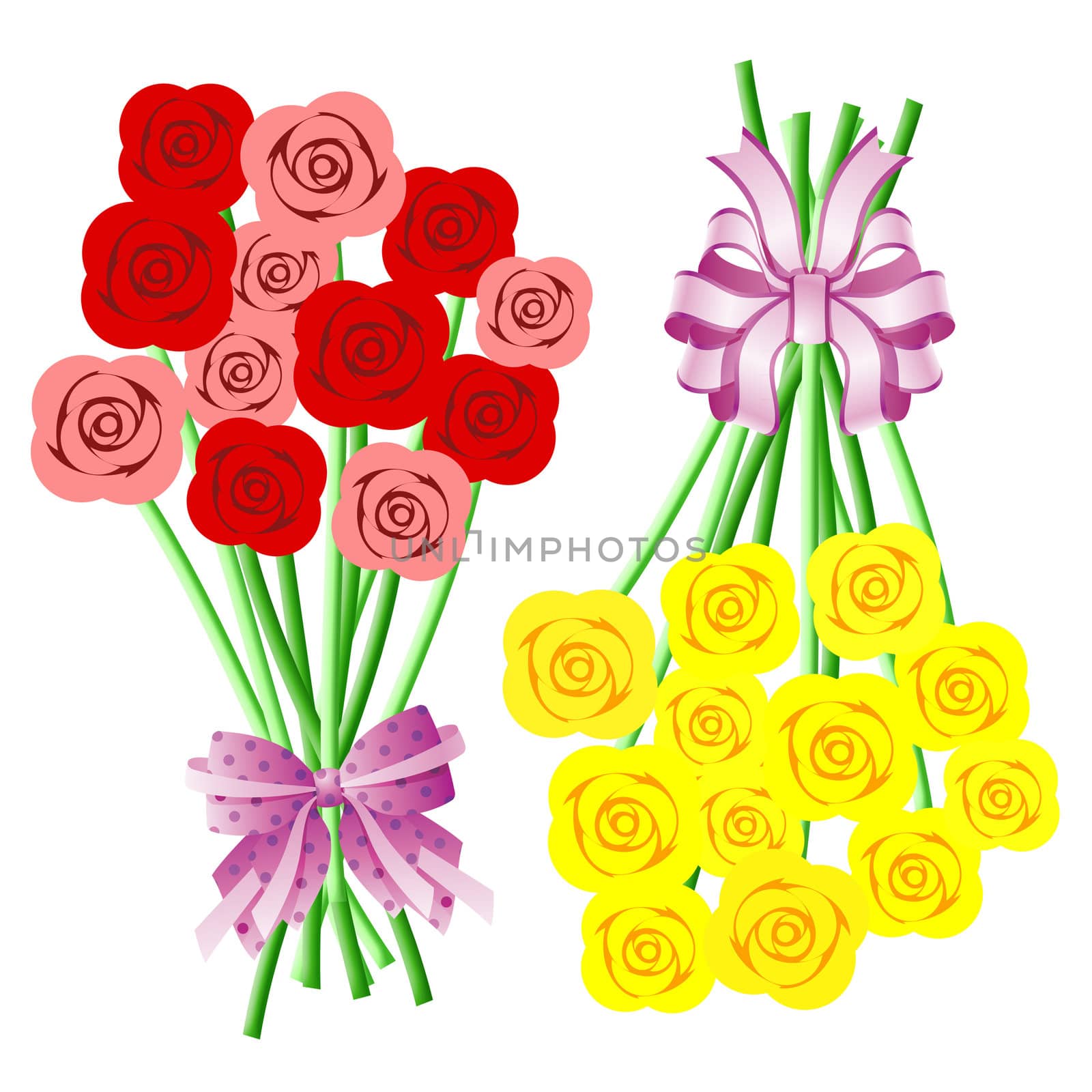 Bouquets of Red Pink Yellow Roses with Bows and Ribbons Illustration