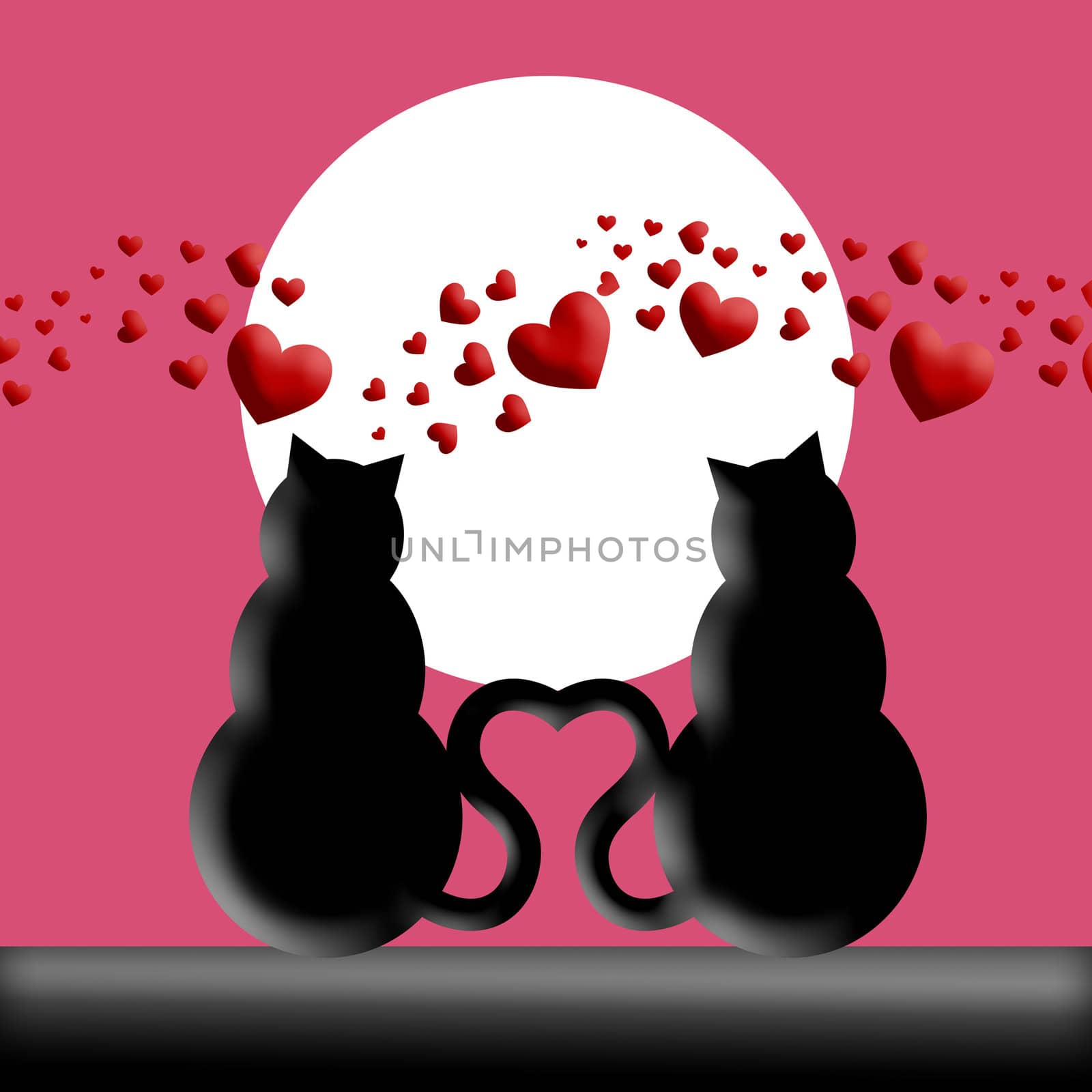 Happy Valentines Day Cats in Love with Moon and Hearts Silhouette Illustration