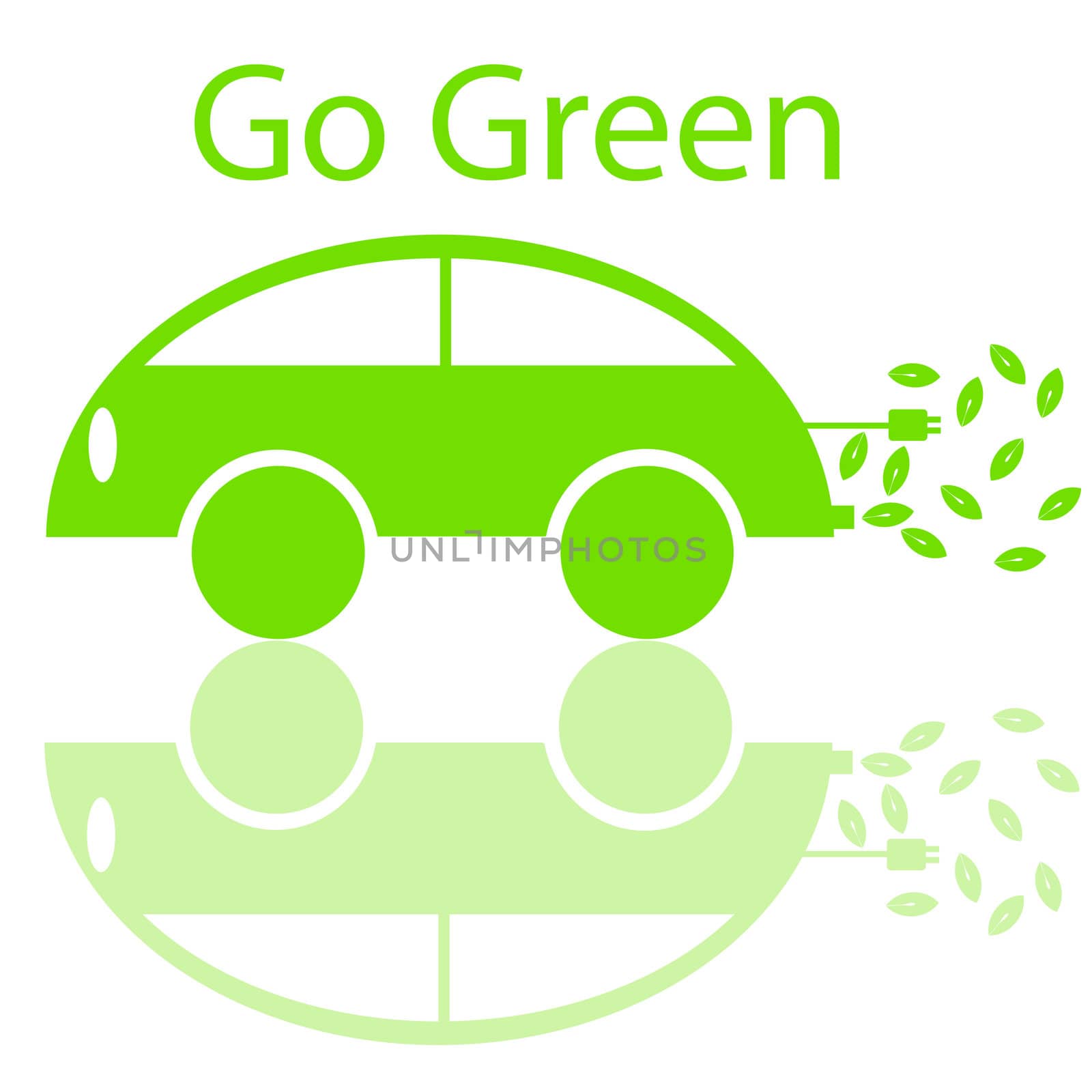 Go Green Eco Friendly Electric Car with Electrical Plug and Leaf Illustration