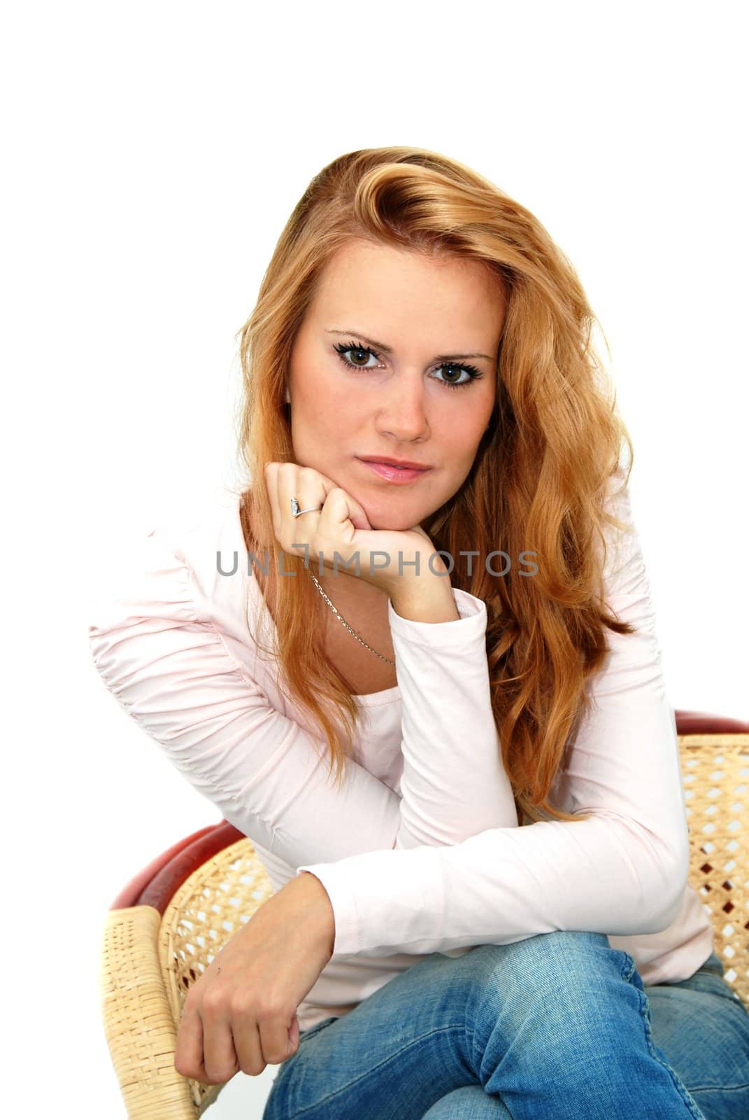 young blond caucasian woman portrait over white