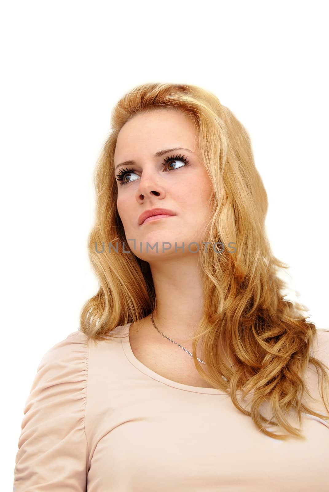 young blond caucasian woman portrait over white