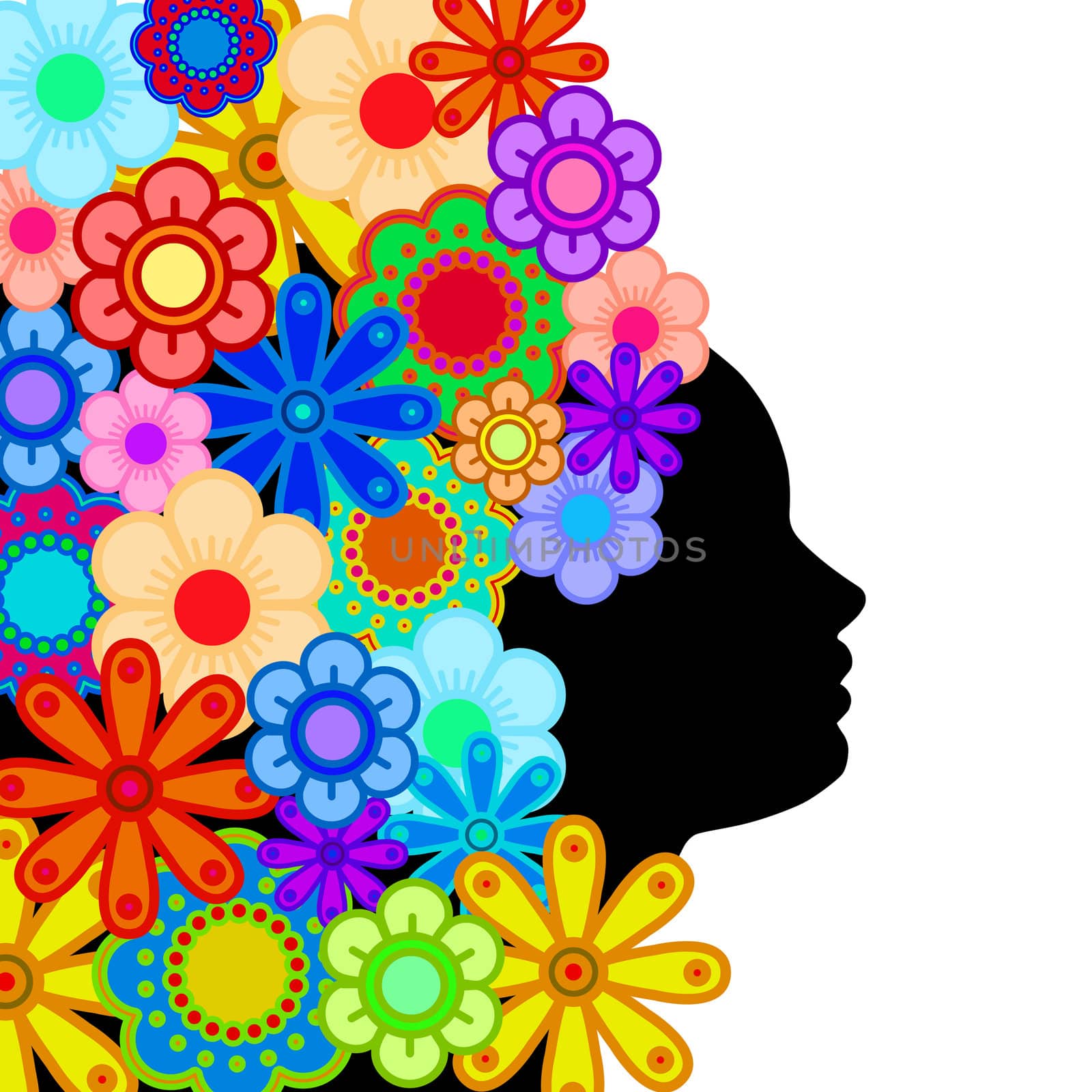 Woman Face Silhouette with Hair of Colorful Flowers Abstract Illustration
