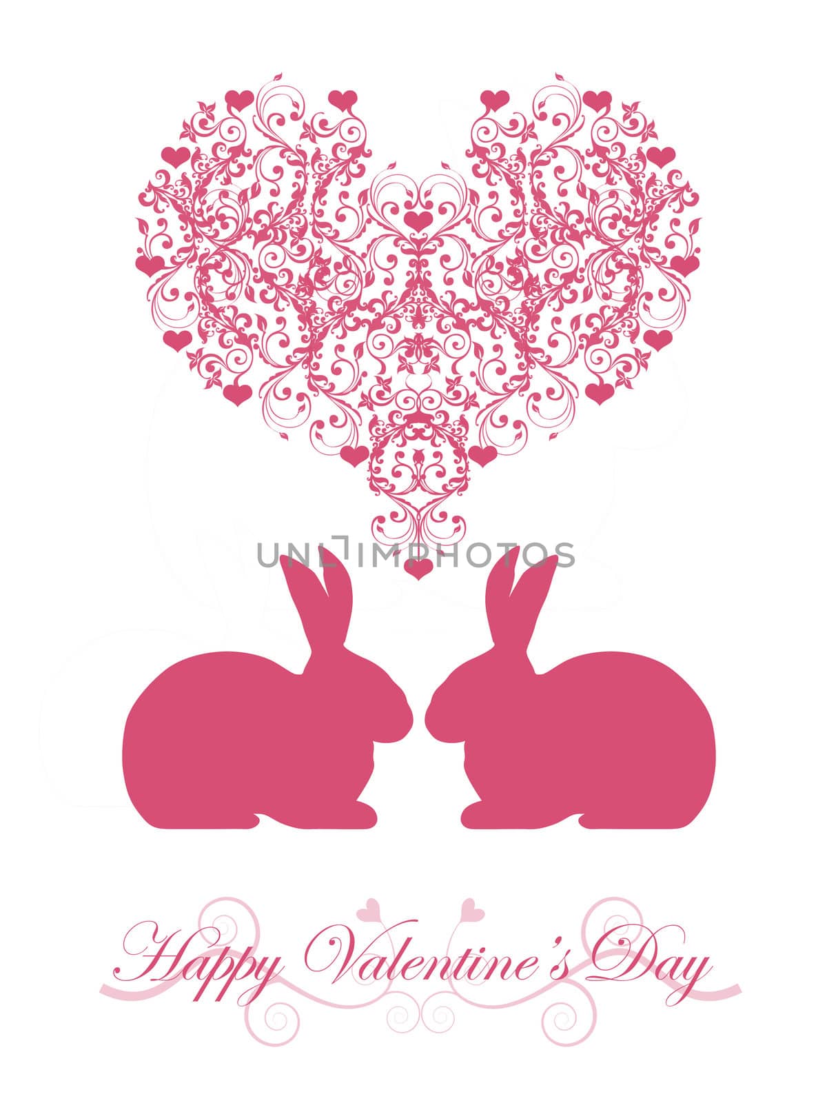 Happy Valentines Day Bunny Rabbit with Pink Hearts and Scrolls Illustration
