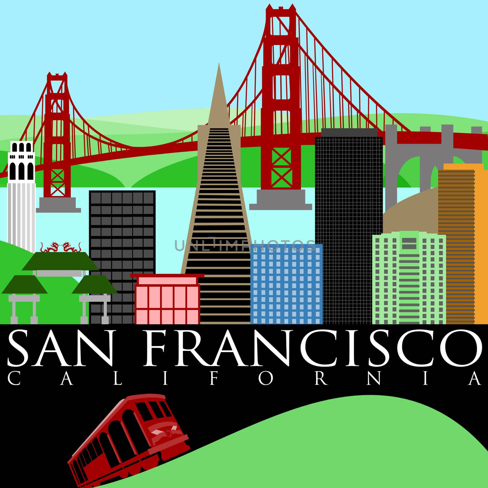 San Francisco California Skyline with Golden Gate Bridge by the Bay Illustration