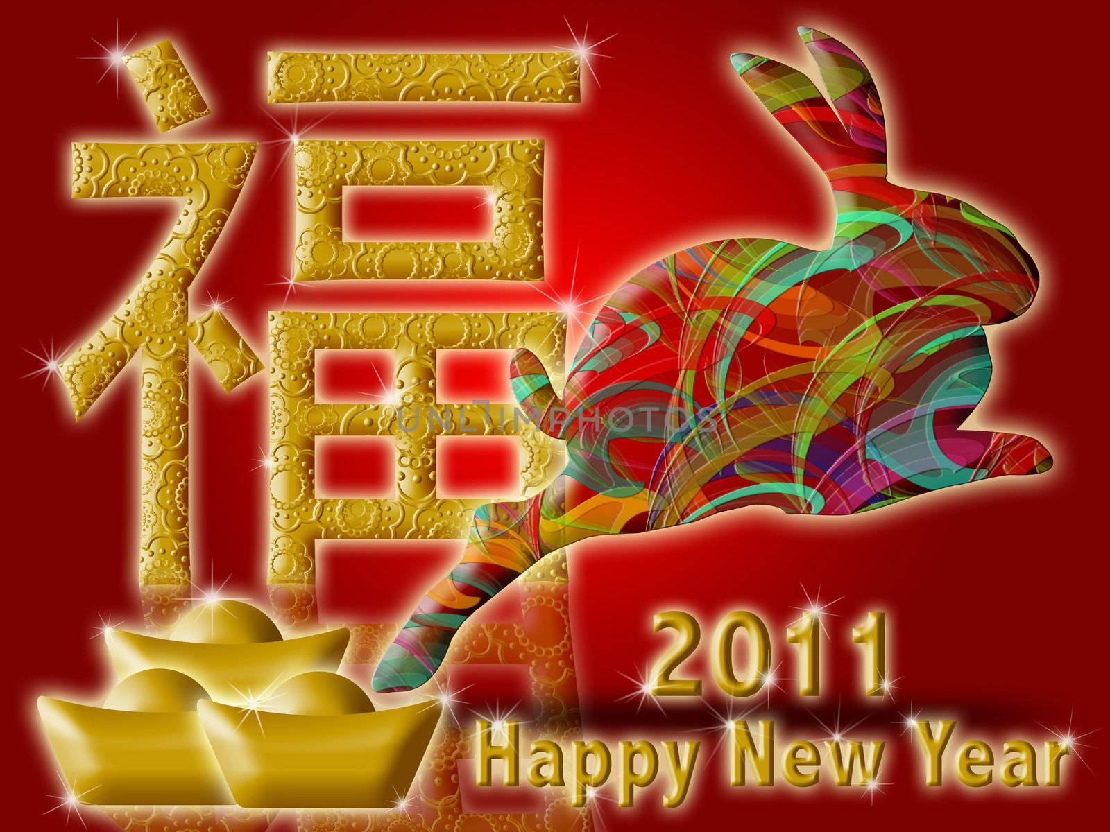 Happy Chinese New Year 2011 with Colorful Rabbit and Prosperity Symbol Illustration on Red