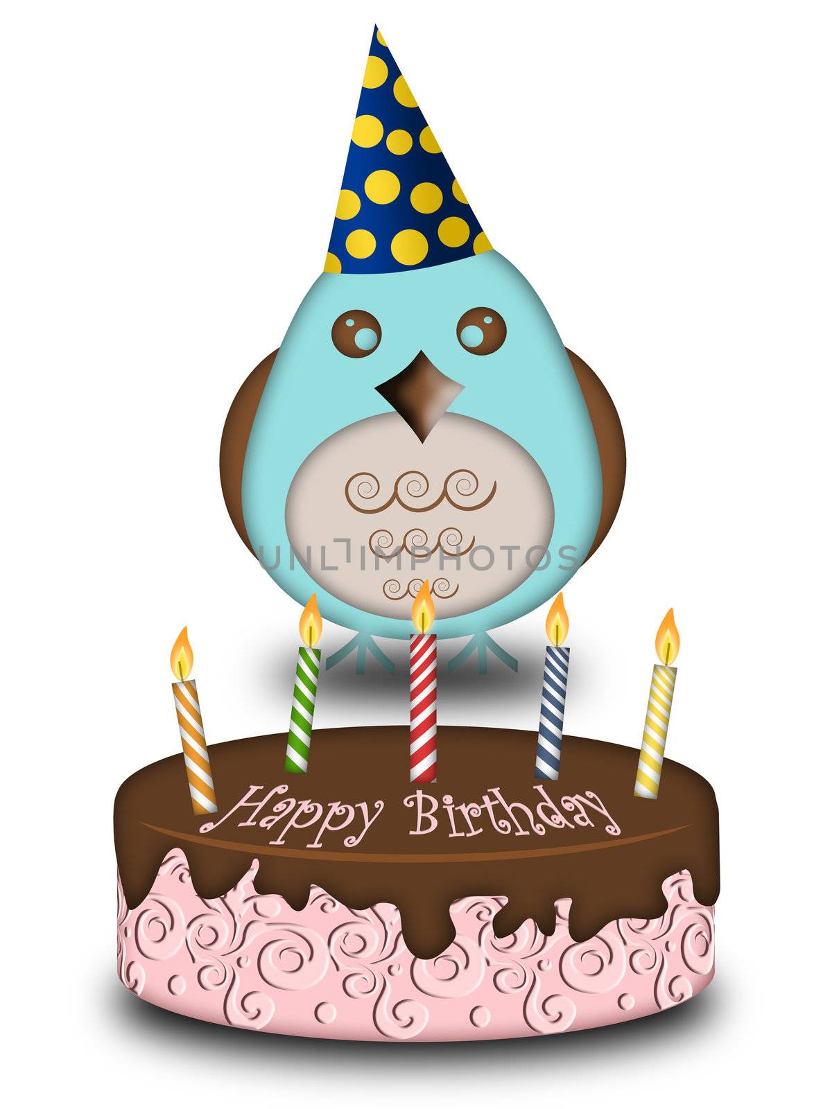 Happy Birthday Blue Bird with Cake Candles Cone Hat Illustration