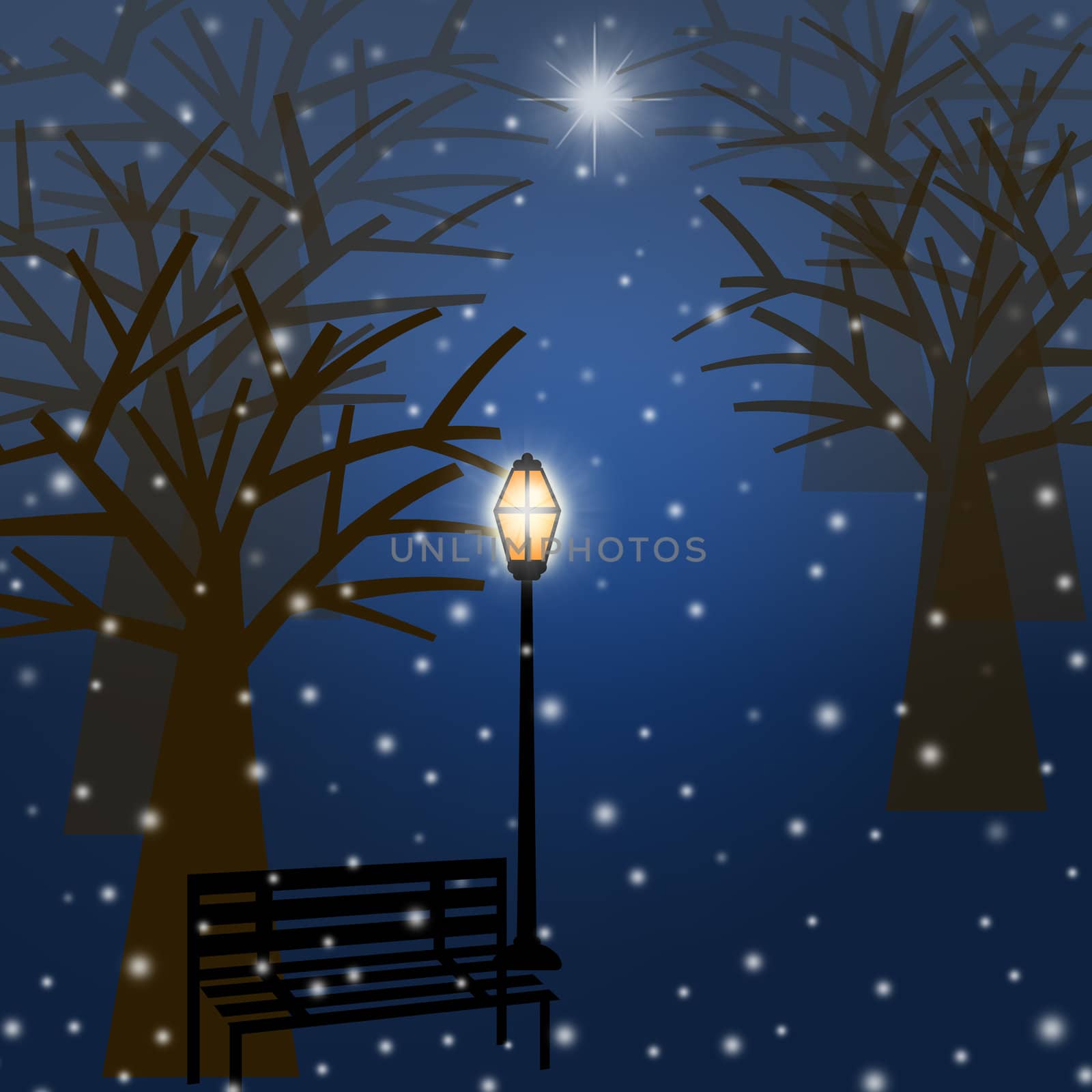 Foggy Christmas Winter Park Scene with Snowflakes and Star Illustration