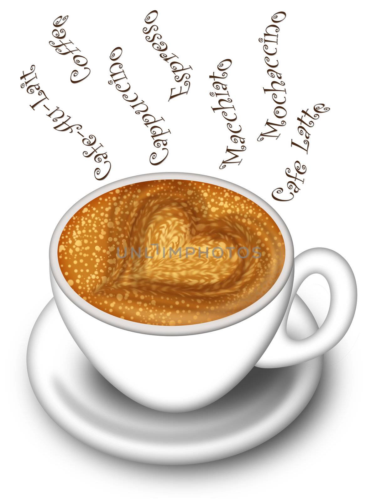 Cup of Latte Cappuccino with Hot Steamy Hearts Illustration on Red