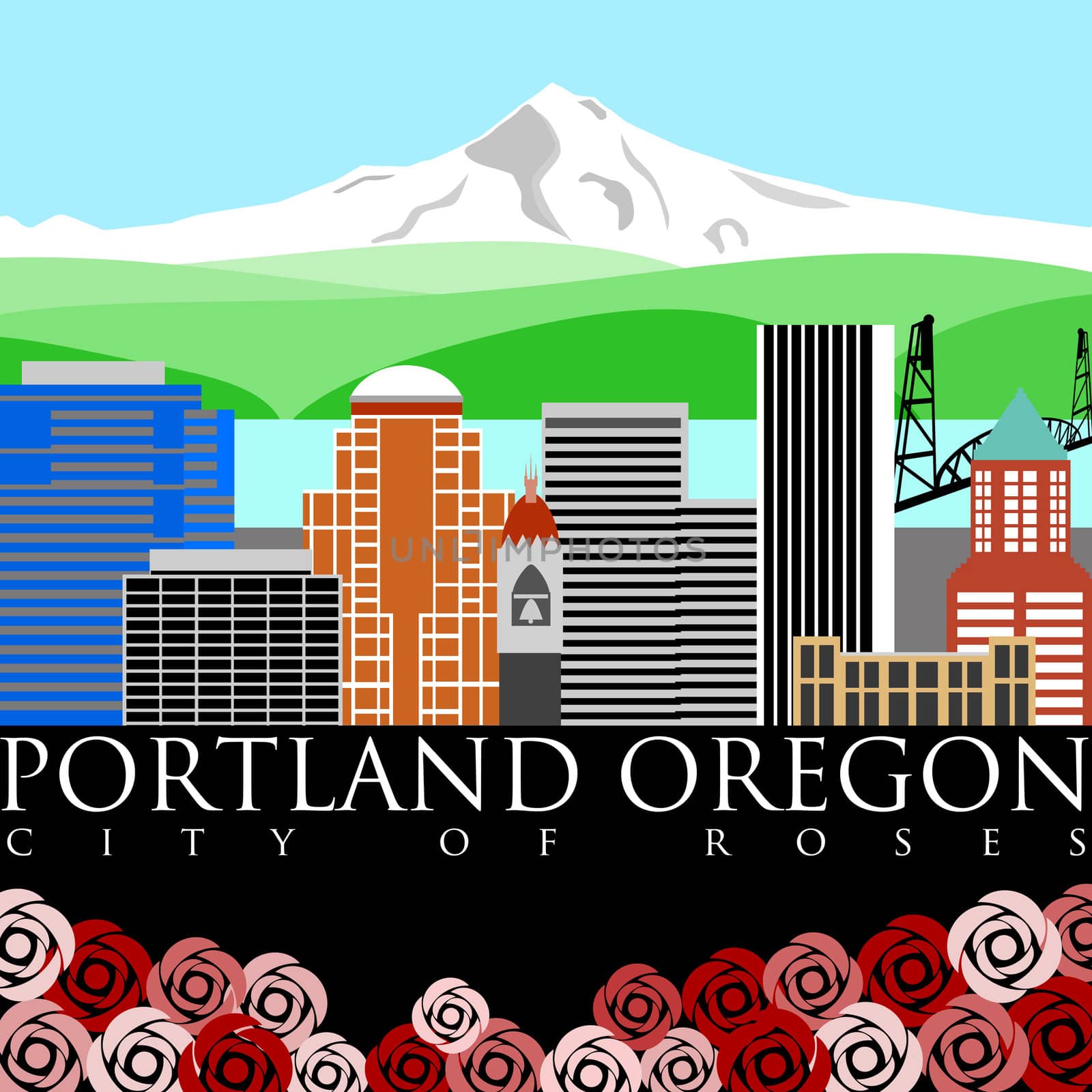 Portland Oregon Downtown Skyline with Mount Hood and River Color Illustration